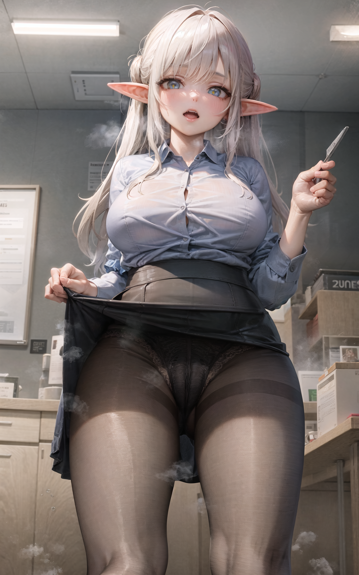 1girls, ai generated, big breasts, blue eyes, blush, breasts, dress, dress lift, elf, female, female only, lace, legwear, long hair, looking at viewer, office lady, open mouth, panties, pantyhose, pointy ears, shirt, skirt, slim waist, stable diffusion, thick thighs, underwear, white hair, wide hips