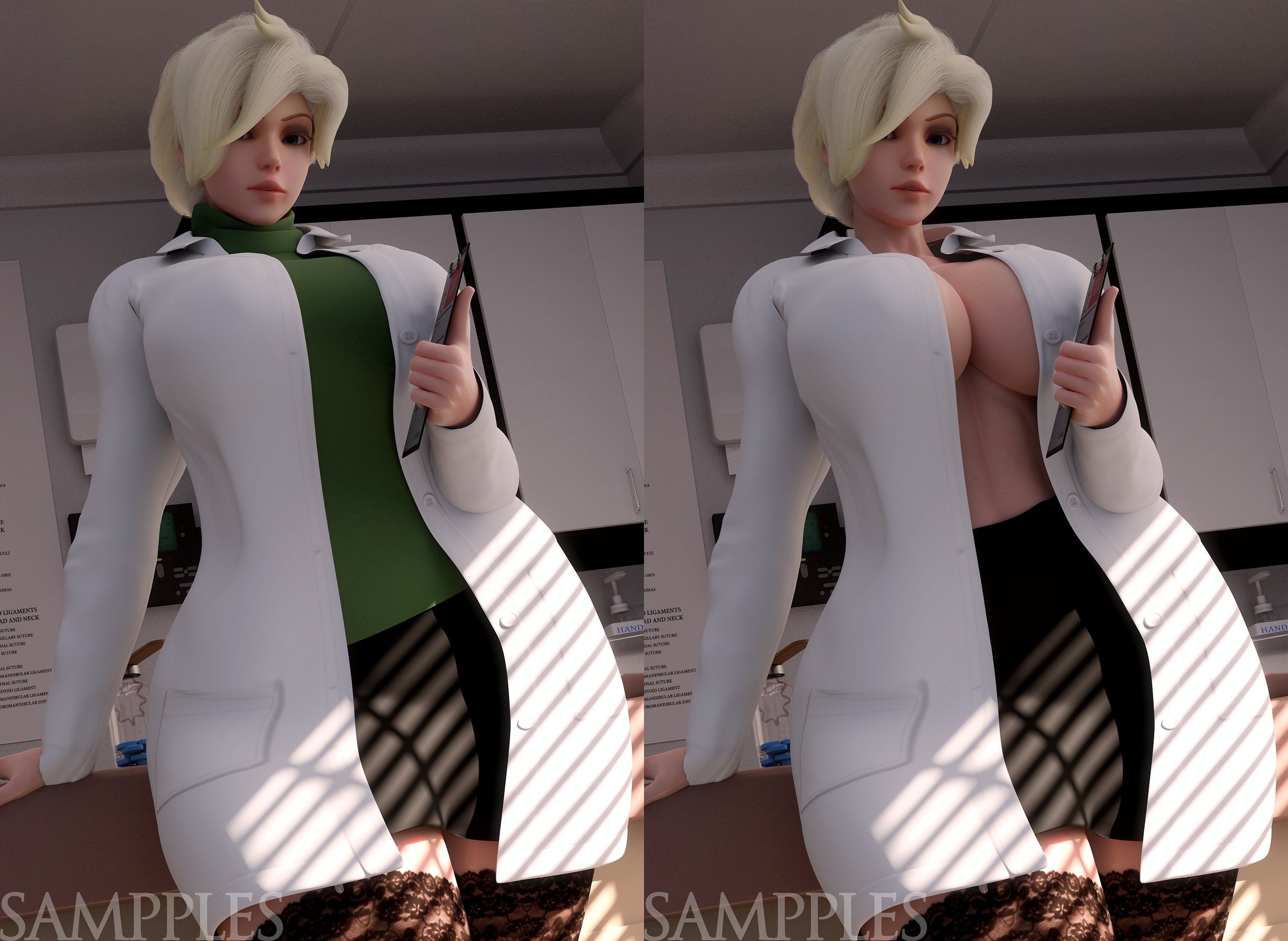 1girls, 3d, alternate version at source, alternate version available, angela ziegler, ass, big ass, big breasts, blizzard entertainment, blonde hair, breasts, cleavage, doctor, dr. ziegler, emotionless, emotionless female, exposed ass, exposed breasts, exposed nipples, expressionless, eye chart, female, id card, indifference, indifferent, labcoat, looking at viewer, mercy, multiple images, oblivious, overwatch, sampples, skirt, thick thighs, topless, unaware, unbothered, uncaring, wide hips