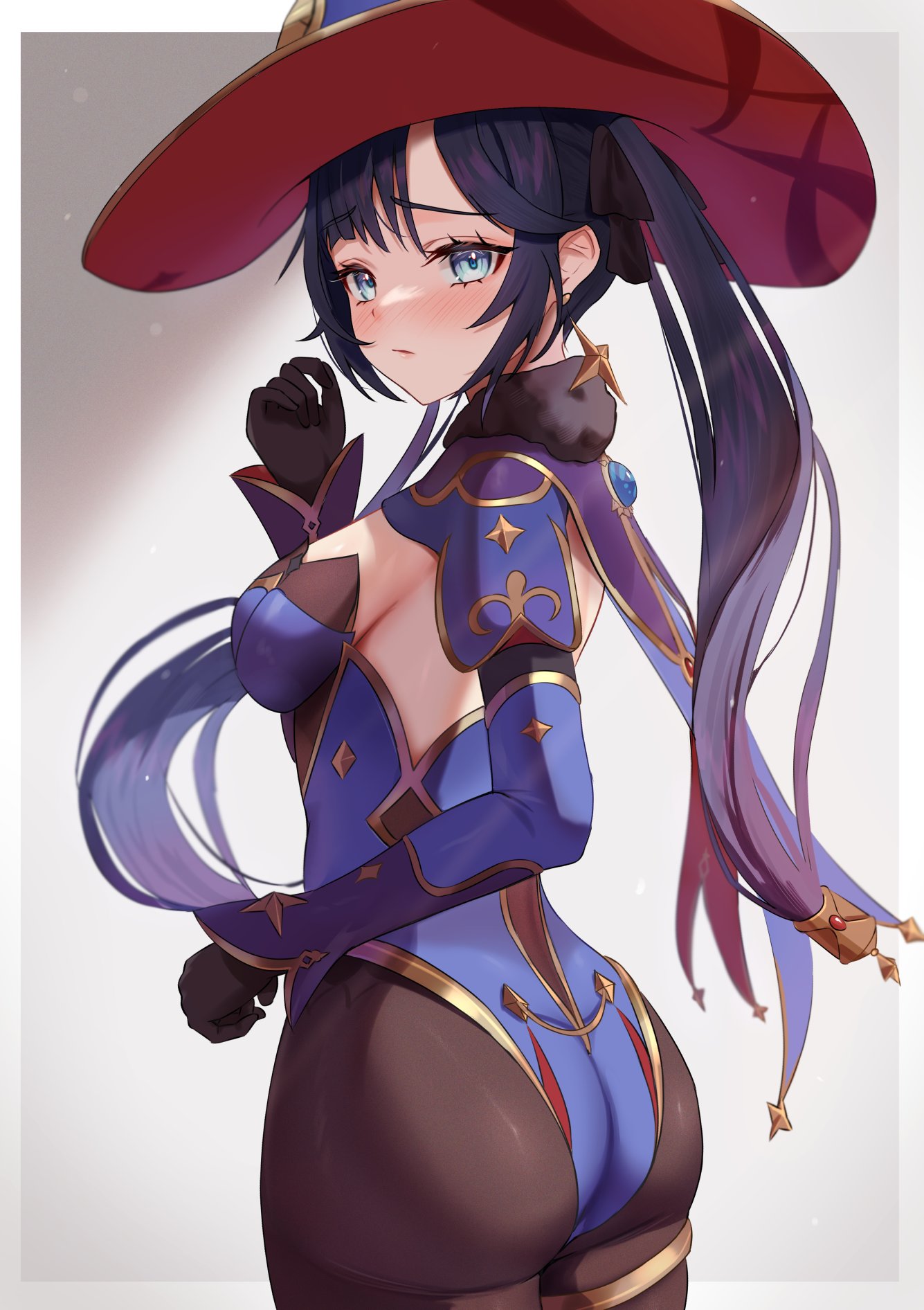 1girls, ass, behind view, big ass, big butt, blue eyes, blush, blushing, breasts, clothed, desire (tbot7), female, female only, genshin impact, large ass, large butt, medium breasts, mihoyo, mona (genshin impact), side view, sideboob, tagme, tight clothing, witch, witch hat