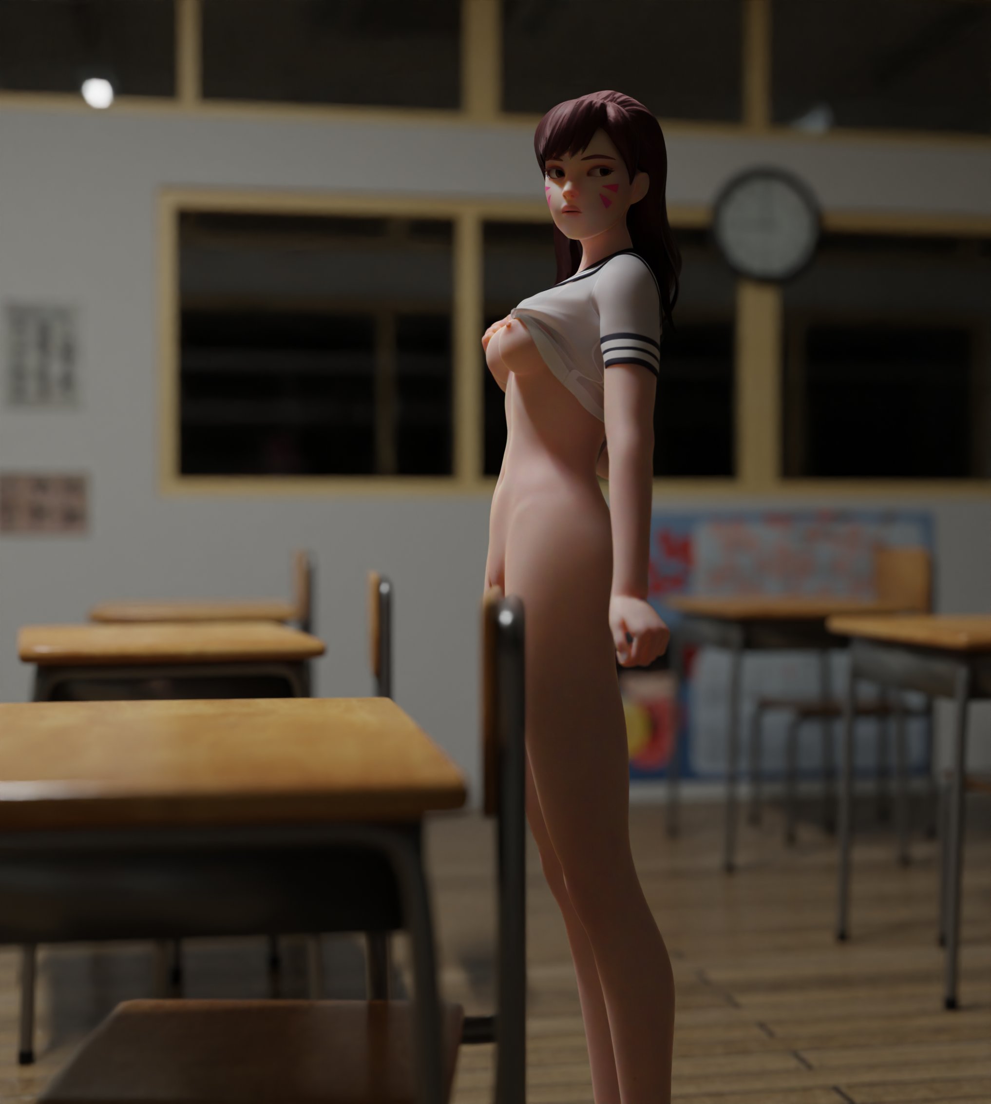 1girls, 3d, areolae, asian, asian female, athletic, athletic female, blender, blizzard entertainment, bottomless, breasts, breasts out, chair, classroom, d.va, detailed background, female, female focus, female only, hana song, light skin, light-skinned female, looking back, looking to the side, medium breasts, nipples, no bra, no panties, no underwear, overwatch, overwatch 2, panties removed, pussy, pussy lips, rubbing, rubbing pussy, rwt4184, school uniform, schoolgirl d.va, shirt, shirt lift, shirt up, side view, solo, solo female, solo focus, standing, topwear, underwear, vagina