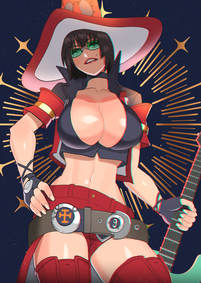 1girls akisu_k beauty_mark belly belly_button belt big_breasts big_hat breasts busty curvaceous curves curvy curvy_body curvy_female curvy_figure female female_only fingerless_gloves gloves green-tinted_eyewear guilty_gear guitar hat huge_breasts i-no large_breasts lips mole mole_under_eye red_lipstick revealing_clothes rockstar shorts sunglasses tagme thick thick_thighs thigh_highs thighs thin thin_waist tinted_eyewear witch witch_hat