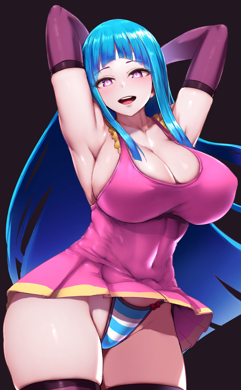 1girls armpits arms_behind_head arms_up artist_name belly belly_button_visible_through_clothing big_breasts blue_hair blush breasts busty dance dancer dancing elbow_gloves female female_only happy huge_breasts ishimiso_(ishimura) isimiso large_breasts light_blue_hair me!me!me! meme_(me!me!me!) nipple_bulge panchira panchira_(standing) panties pantyshot pink_eyes pose posing sensual sexy_armpits smile smiling solo thick thick_thighs thigh_highs thighhighs thighs thong tight_clothing voluptuous