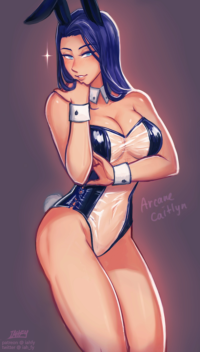 1girls, alternate costume, arcane, arcane caitlyn, artist name, bare arms, bare legs, bare shoulders, big breasts, blue eyes, blue hair, blush, breasts, bunny ears, bunny girl, bunnysuit, caitlyn kiramman, character name, cleavage, detached collar, exposed legs, fake animal ears, female, grin, half-closed eyes, iahfy, league of legends, legs, lips, long hair, naughty face, neck, one-piece swimsuit, parted lips, playboy bunny, see-through, see-through leotard, see-through swimsuit, smile, solo, standing, straight hair, strapless one-piece swimsuit, strapless swimsuit, swimsuit, thick thighs, thighs, wrist cuffs