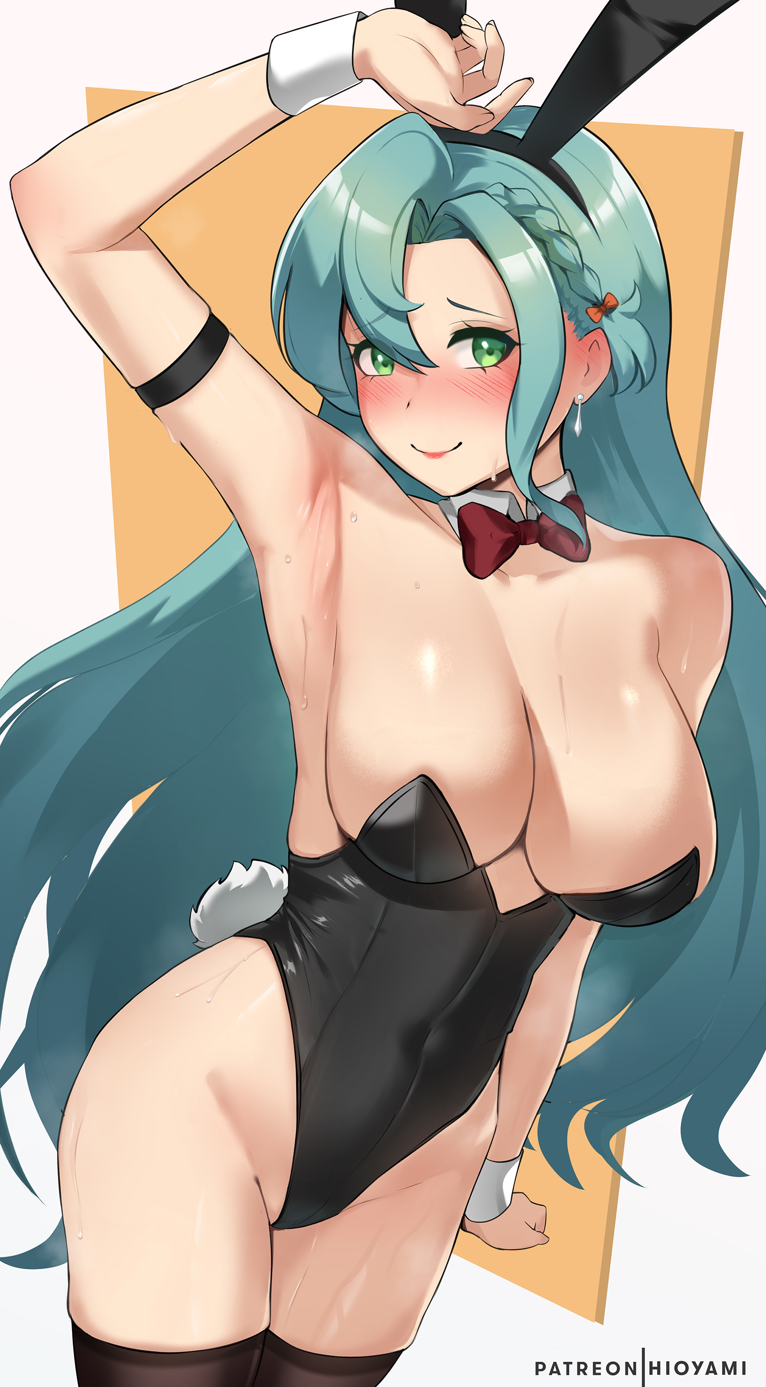 1girls, absurdres, alternate costume, animal ears, aqua hair, bangs, bare shoulders, black leotard, black thighhighs, blush, bow, bowtie, braid, breasts, bunny ears, bunny girl, bunnysuit, chloe (fire emblem), cleavage, covered navel, detached collar, earrings, fake animal ears, female, female only, fire emblem, fire emblem engage, green eyes, highleg, highleg leotard, highres, hioyami, jewelry, large breasts, leotard, long hair, looking at viewer, nintendo, patreon username, playboy bunny, rabbit ears, rabbit tail, side braid, smile, solo, tail, thighhighs, thighs, very long hair, wrist cuffs