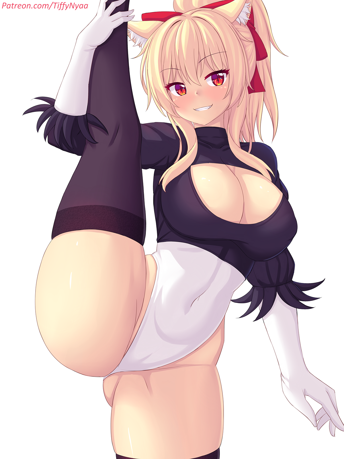 1girls, blonde hair, breasts, cat ears, cat girl, catgirl, cosplay, female, hips, large breasts, long hair, nier, nier: automata, red eyes, slim waist, standing split, thick thighs, thighs, tiffy, tiffynyaa, wide hips, yorha 2b (cosplay)