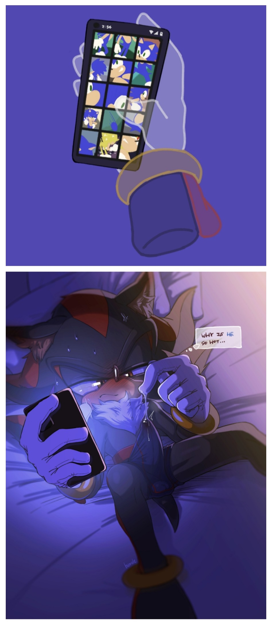 1boy, cum, cum drip, cum through clothing, gay, looking at penis, looking at phone, looking at porn, male, male only, masturbation, penis, shadow the hedgehog, solo, sonic (series), sonic the hedgehog