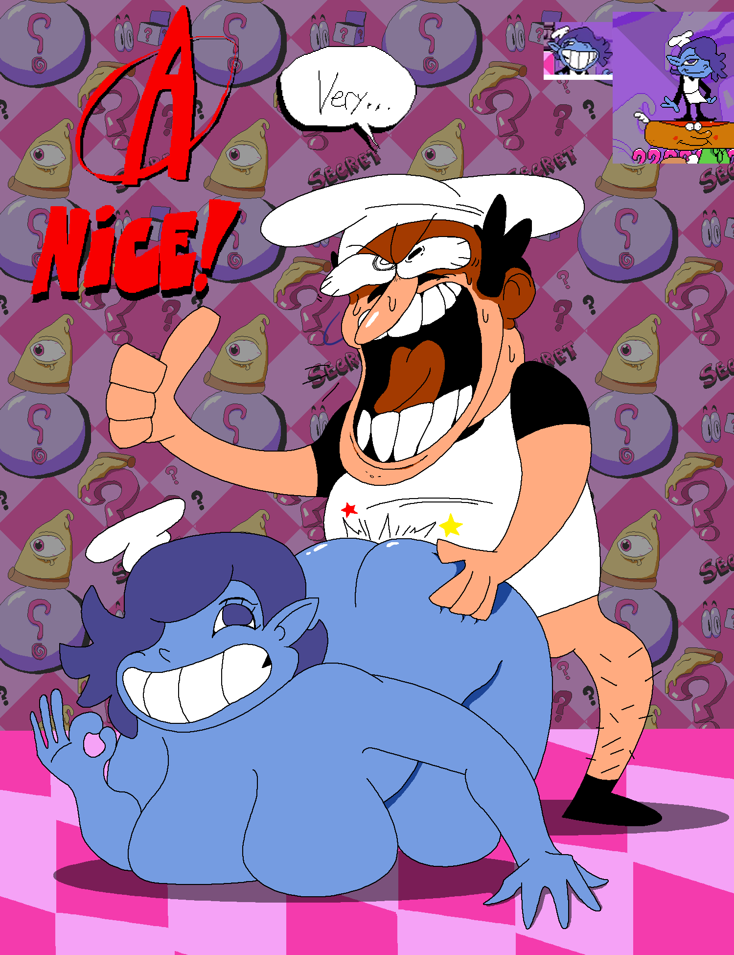 ! ... ambiguous_penetration ass ass_grab big_ass big_breasts black_hair blue_eyes blue_hair blue_skin bottomless breast_press breasts character_request chef_hat chubby clothes curvaceous doggy_style english_text hand_gesture hand_on_ass hat huge_ass italian large_breasts looking_down looking_up motion_lines moustache ok_sign on_all_fours open_mouth partially_clothed peppino_spaghetti pizza_tower pizzasona pointy_ears reference_image rule_63 shan_(pizza_tower) short_hair smiling speech_bubble sweat thick_thighs