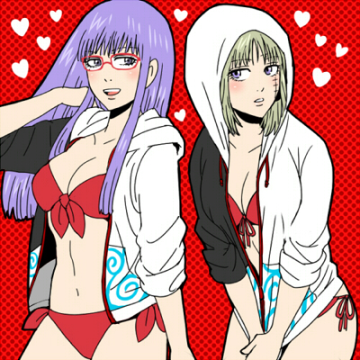 2girls 3mm alternate_costume bikini blonde_hair cleavage covering_crotch eye_contact facial_scar female female_only gintama glasses hood hood_up hoodie long_hair looking_at_another looking_at_viewer lowres medium_breasts medium_hair purple_eyes purple_hair red-framed_glasses red_background red_bikini sarutobi_ayame side-tie_bikini sweatshirt swimsuit tsukuyo