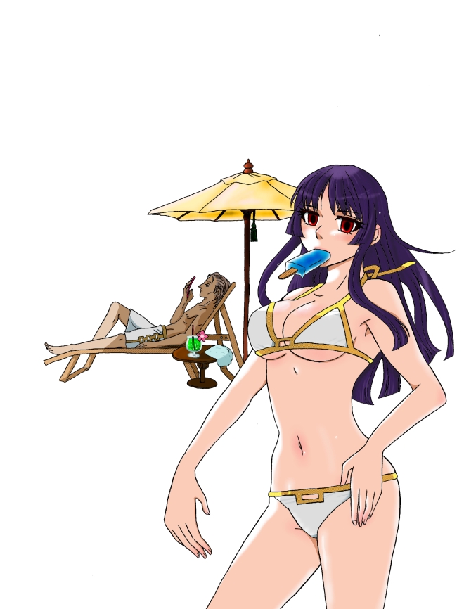 1boy 1girls alternate_costume background_character beach bikini cleavage dark_hair dark_purple_hair eating female female_focus food gintama hime_cut ice_cream imai_nobume kotani long_hair male medium_breasts object_in_mouth popsicle purple_hair red_eyes sasaki_isaburo solo_focus swimsuit underboob white_bikini