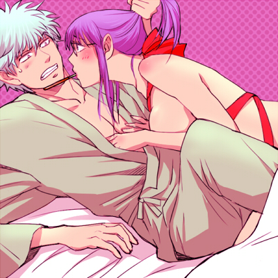 1:1 1boy 1girls 3mm angry blush clenched_teeth eye_contact female female_on_top food gintama gintoki_sakata glasses hair_grab in_bed japanese_clothes long_hair looking_at_another lowres male official_alternate_costume on_back on_bed pajamas pocky purple_hair ribbon sarutobi_ayame sideboob stalker sweatdrop uncomfortable