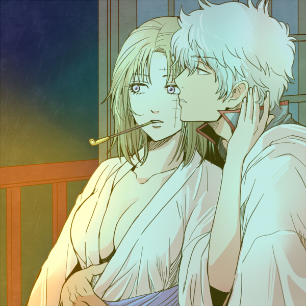 1:1 1boy 1girls 3mm big_breasts blonde_hair cleavage facial_scar female gintama gintoki_sakata hair_down intimate kimono kiseru male medium_hair no_bra pipe rain romantic romantic_ambiance romantic_couple shouji smoking smoking_pipe tsukuyo upper_body wholesome window