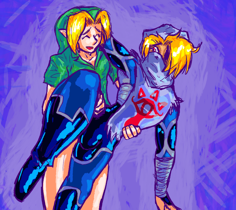 2boys abstract_background ambiguous_gender ambiguous_penetration androgynous arm_around_neck arm_around_shoulders arm_under_legs ass black_nails blonde_hair bulge clothed_sex clothing eyes_closed hair_over_one_eye hand_on_butt hand_on_thigh holding_leg holding_partner hylian hylian_ears implied_anal implied_penetration implied_sex just_a_lil_guy latex leaning leg_up link link_(ocarina_of_time) looking_at_another looking_at_partner looking_back looking_pleasured male_only masked ocarina_of_time painted_nails penis red_eyes sex sheik sheikah shiny shiny_clothes smile standing standing_sex tan_skin the_legend_of_zelda tight_clothing vibrator_under_clothes