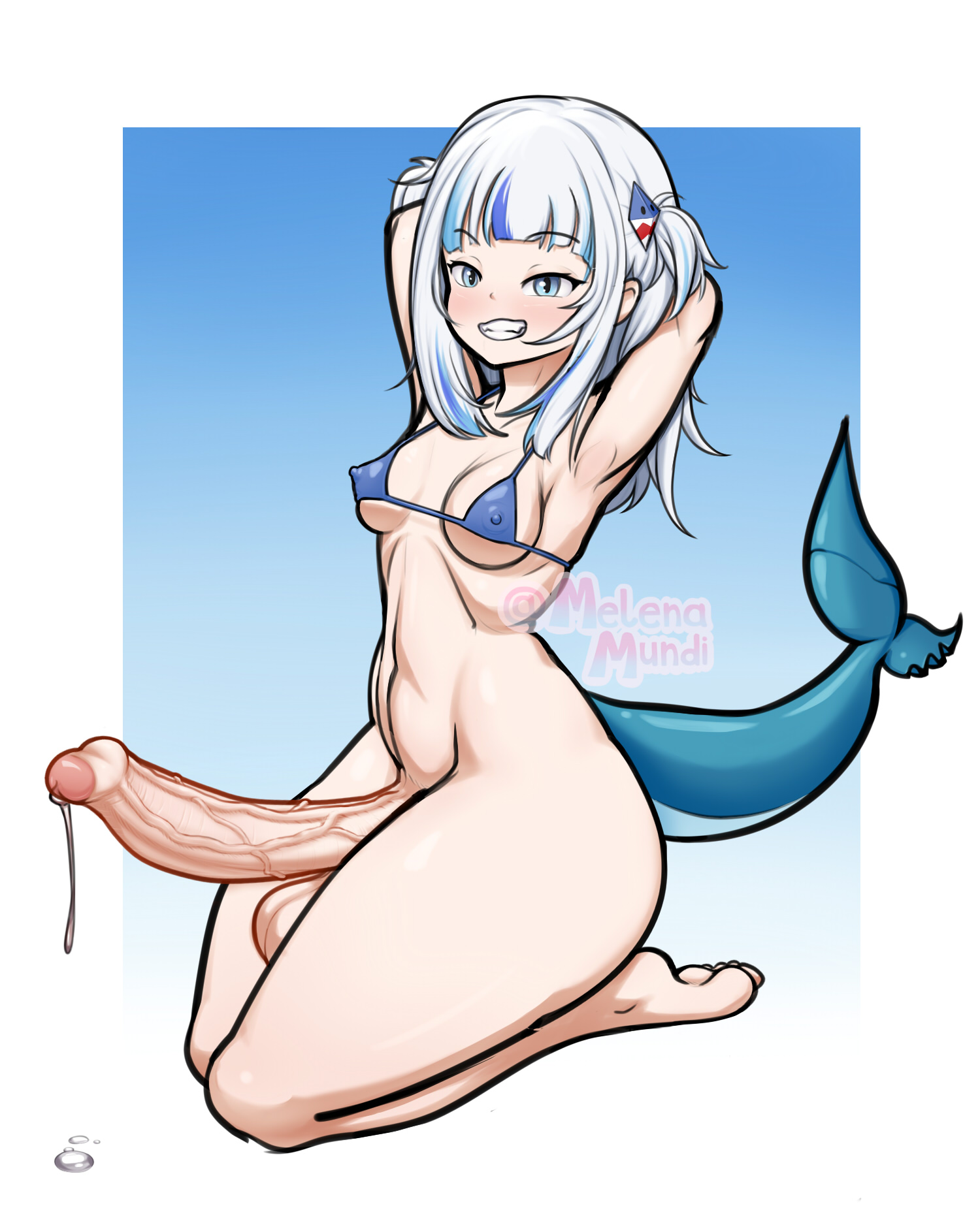 1futa, abstract background, armpits, arms behind head, arms up, balls, barefoot, bikini, bikini top, blue bikini, blue eyes, blush, bottom heavy, bottomless, breasts, clothed, clothing, erection, feet, female, foreskin, futa only, futanari, gawr gura, hair ornament, hololive, hololive english, huge cock, humanoid, intersex, kneeling, large balls, large penis, light skin, light-skinned futa, looking at viewer, melenamundi, mostly nude, multicolored hair, nipples visible through clothing, partially retracted foreskin, penis, precum, precum drip, precum string, retracted foreskin, self upload, shark girl, shark tail, sharp teeth, skindentation, small breasts, smug, solo, solo futa, tail, thick thighs, uncircumcised, uncut, veiny penis, virtual youtuber, white hair, wide hips
