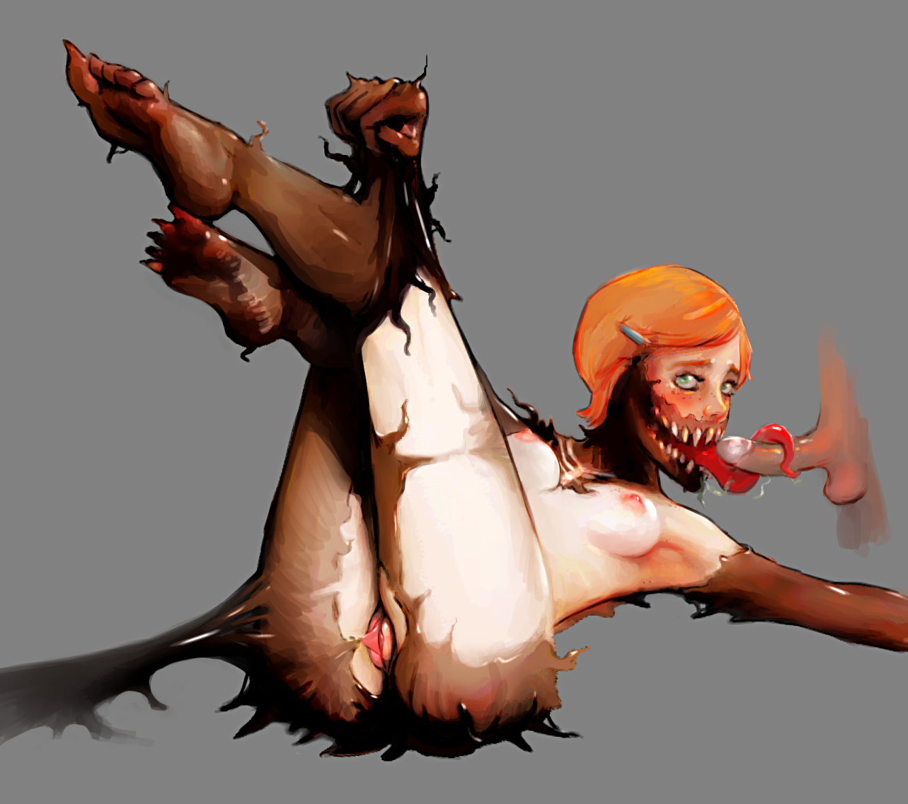 1boy, 1girls, ben 10, blowjob, body horror, breasts, crossover, drawthread request, feet, female, fighting, gwen tennyson, hair ornament, long tongue, male, marvel, marvel comics, nipples, pussy, pussy lips, red hair, redlever, saliva, solo focus, spider-man (series), struggling, symbiote, teeth, toes, venom (marvel)