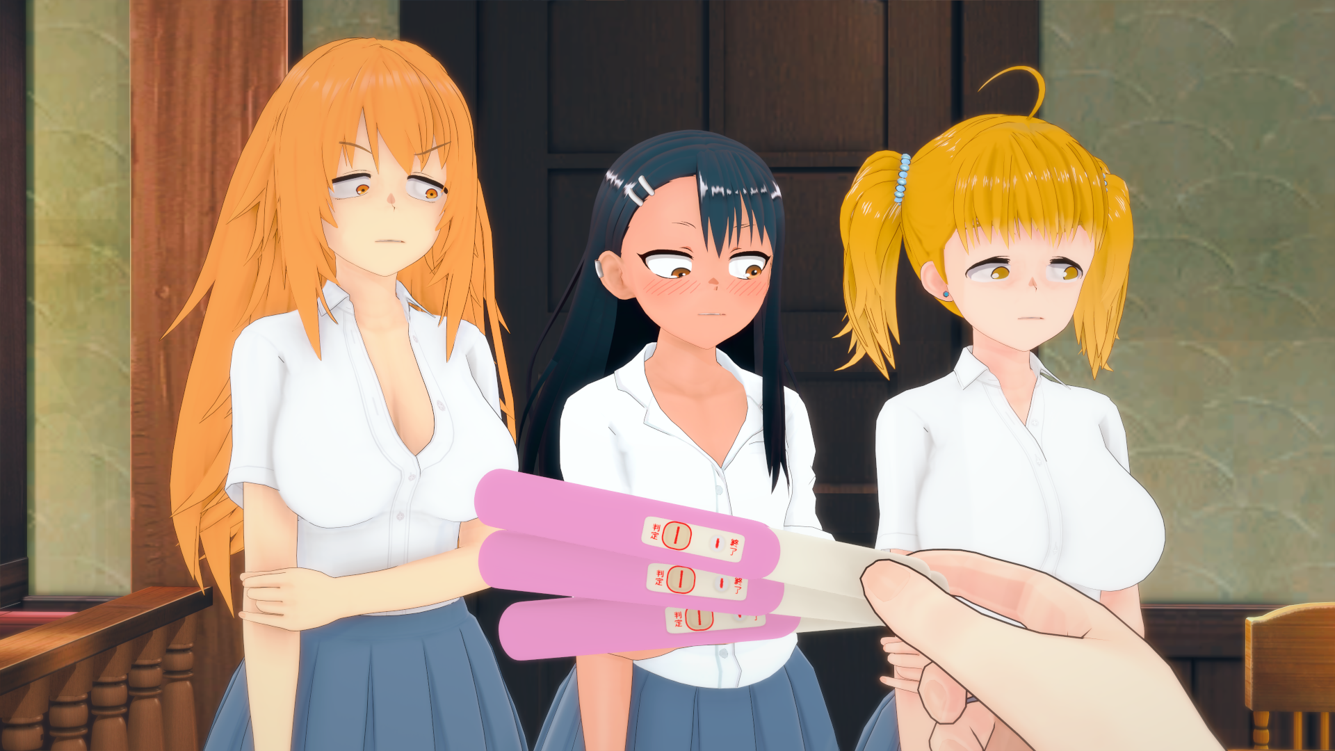 1boy, 3d, 3girls, big breasts, black hair, blonde hair, breasts, brown eyes, cleavage, clothed, clothing, cricgck, curvy, female, gamo-chan, hayase nagatoro, hi res, highres, long hair, looking at viewer, male, multiple females, multiple girls, orange eyes, orange hair, please don't bully me, nagatoro, pregnancy test, pregnant, revealing clothes, simple background, small breasts, tan, tan body, tan skin, tan-skinned female, tanned, tanned female, wide hips, yoshi (nagatoro)
