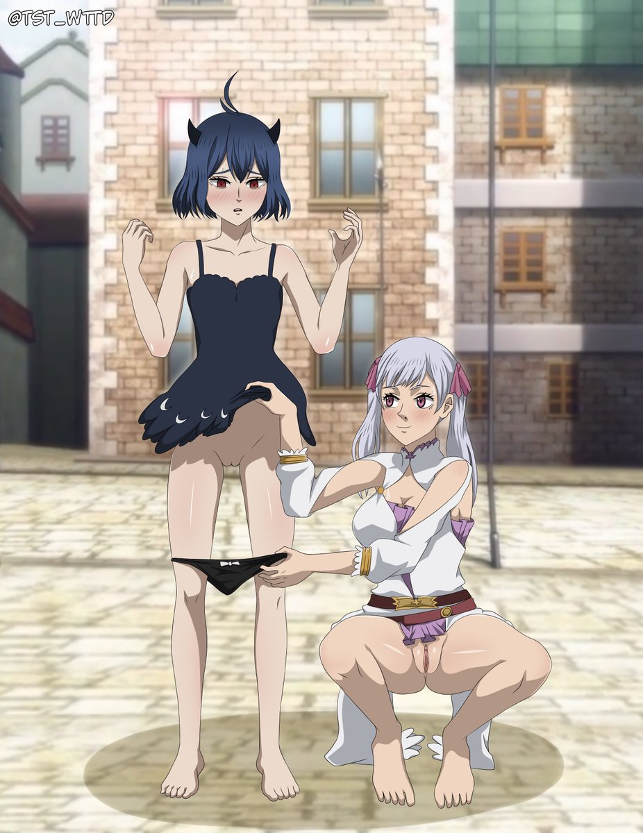 2girls barefoot black_clover black_hair blush feet female female_only horns multiple_girls noelle_silva nude nude_female pants_down public_exposure public_indecency public_nudity purple_hair pussy secre_swallowtail short_hair silver_hair tst_wttd