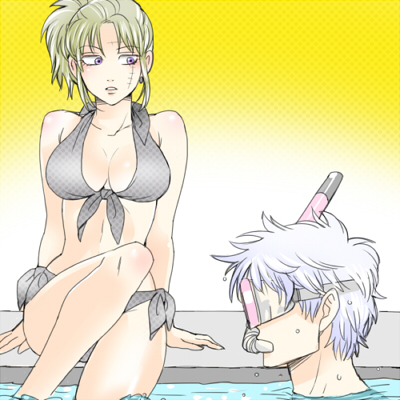 1:1 1boy 1girls 3mm alternate_costume big_breasts bikini black_bikini blonde_hair cleavage facial_scar female gintama gintoki_sakata gradient_background looking_at_another lowres male pervert ponytail pool side-tie_bikini sitting snorkel swimsuit tsukuyo yellow_background