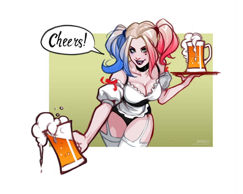 1girls batman_(series) beer beer_glass big_breasts blonde_hair breasts busty cleavage curvaceous curvy curvy_figure dc dc_comics digital_drawing_(artwork) digital_media_(artwork) dyed_hair eyebrows eyelashes eyes female female_only fully_clothed garter_straps hair harley_quinn hourglass_figure injustice_2 large_breasts light-skinned_female light_skin lips minko multicolored_hair olena_minko pigtails slim_waist solo stockings villain villainess voluptuous waitress_uniform wide_hips