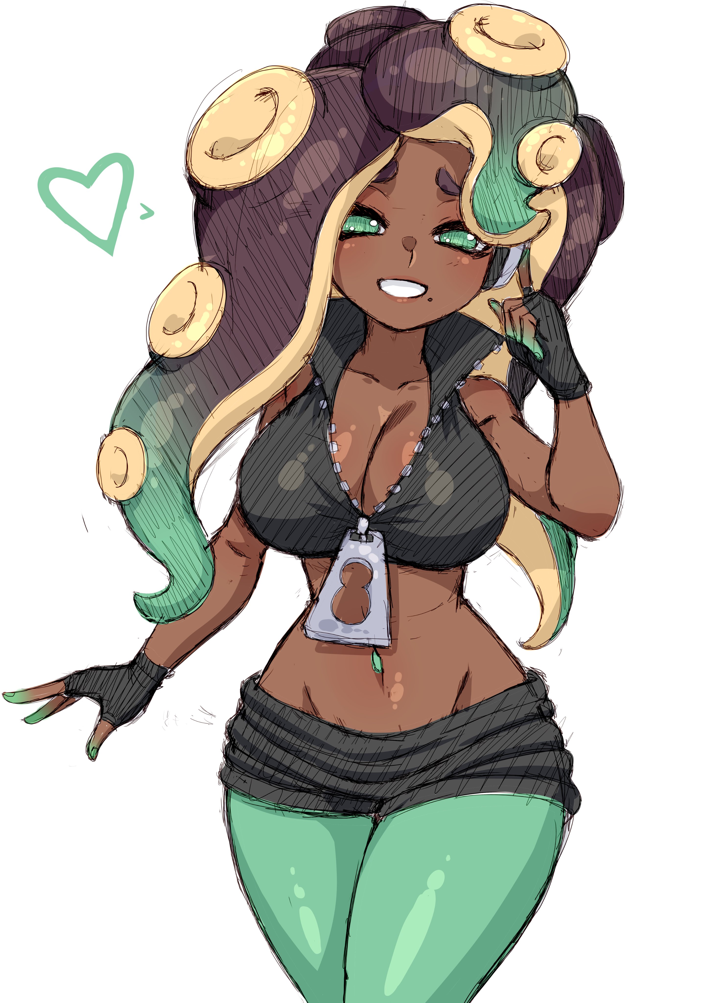 arm up, beauty mark, big breasts, breasts, cleavage, dark skin, dark-skinned female, female, fingerless gloves, hourglass figure, looking at viewer, marina (splatoon), octoling, octoling girl, simmsy, smile, smiling, splatoon, splatoon (series), splatoon 2, tentacle hair, tentacles, voluptuous, wide hips