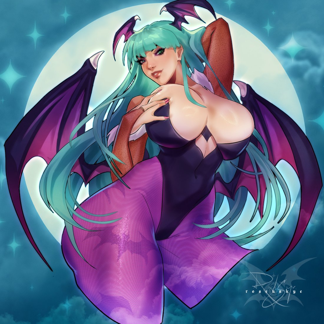 1girls, areola slip, arm behind head, bat wings, big breasts, breast grab, breasts, bursting breasts, busty, capcom, cleavage, darkstalkers, demon, demon girl, female, female only, grabbing, green eyes, green hair, head wings, large breasts, leotard, lipstick, long hair, makeup, morrigan aensland, parted lips, roscnskyc, seductive smile, sensual, smile, succubus, succubus costume, succubus wings, thick thighs, thighs, voluptuous, wings