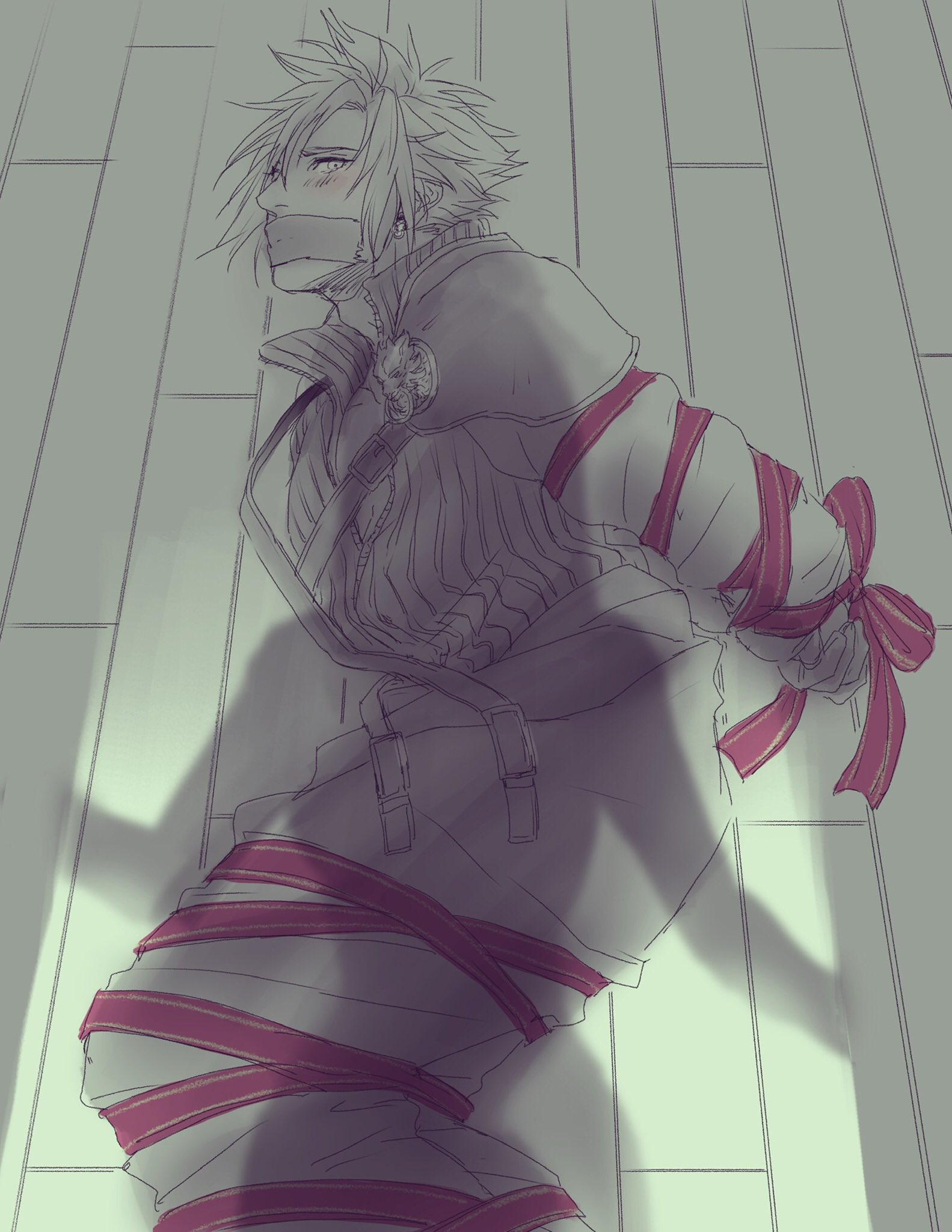 1boy, 1girls, artist request, blush, bondage, cloud strife, female, femdom, final fantasy, final fantasy vii, final fantasy vii advent children, final fantasy vii remake, gift, gift wrapped, imminent sex, male, malesub, monochrome, shadow, source request, spiky hair, square enix, straight, surprise, tied up, tifa lockhart