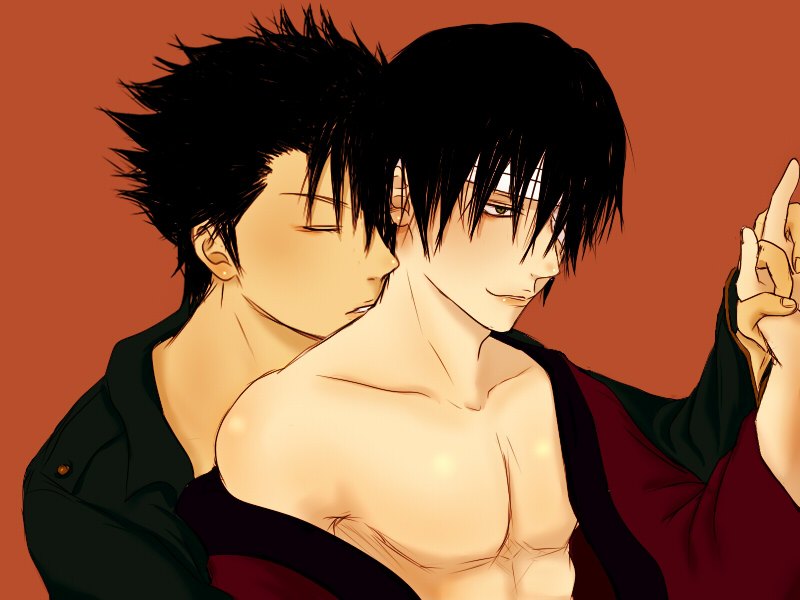 2boys bandages black_hair closed_eyes eye_patch from_behind gay gintama hair_over_one_eye holding_hands interlocked_fingers kawakami_bansai leather_jacket male male_focus male_only nuzzling off_shoulder open_kimono orange_background smile takasugi_shinsuke upper_body yaoi