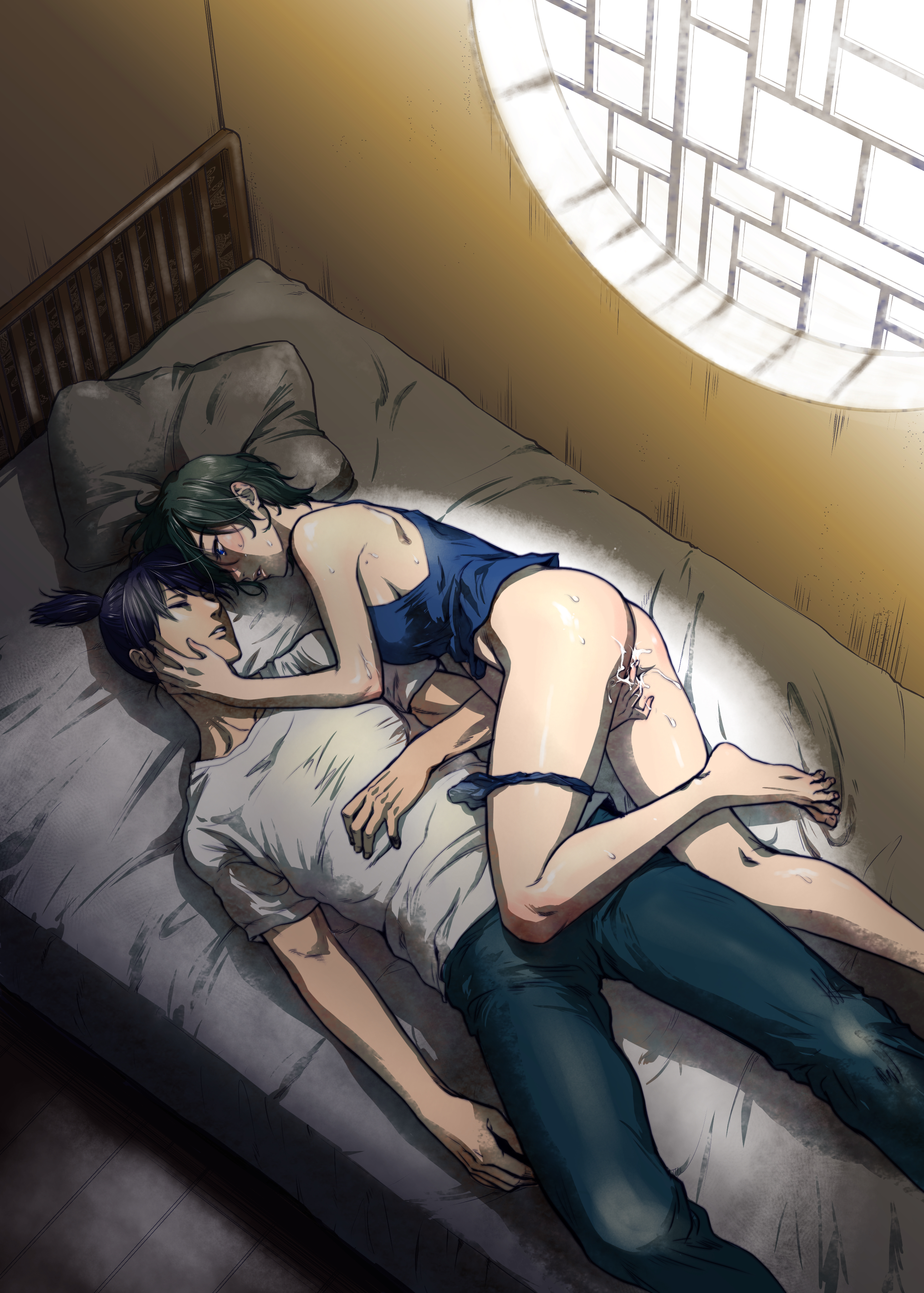 1boy, 1girls, artist request, ass, blue hair, blush, bottomless, chainsaw man, clothed male, cum, female, female masturbation, fingering, fingering pussy, fingering self, green hair, hand on face, hayakawa aki, himeno (chainsaw man), looking at another, male, masturbating next to partner, masturbation, naked, naked female, on bed, panties around leg, panties removed, pussy, pussy juice, rf-yuki, sleeping, stealth, stealth masturbation, tagme (artist), unaware, unconscious male