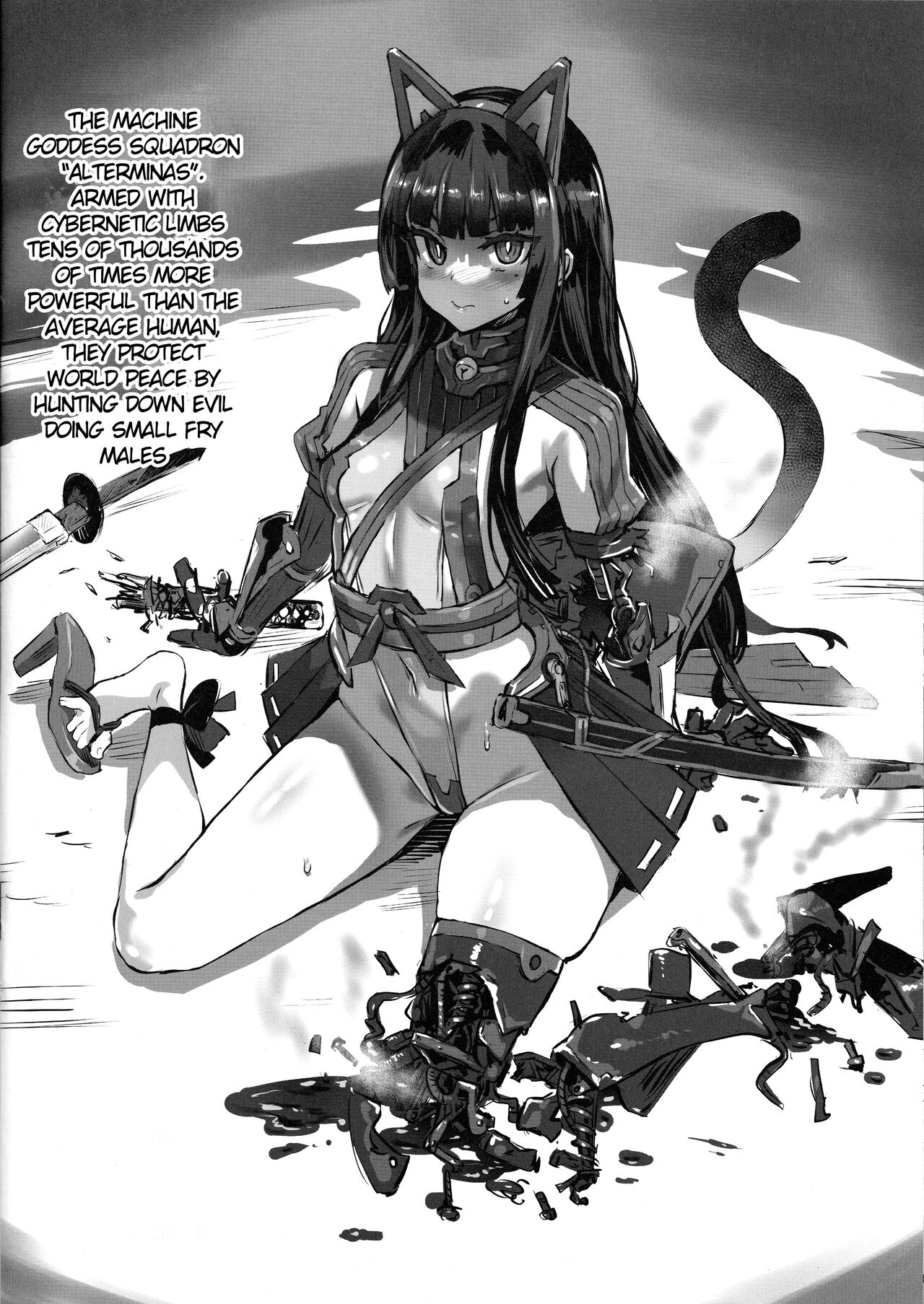 1girls, amputee, asanagi, breasts, cat ears, cat girl, cat tail, catgirl, cybernetics, cyborg, defeated, defeated heroine, english text, female, female only, femsub, male, maledom, mechabare, misogyny, monochrome, robot girl, robot humanoid, robotic arm, small breasts, solo, tagme, translated