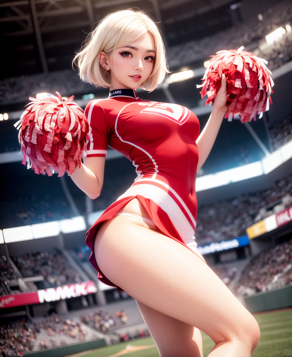 ai generated, asian female, blonde hair, breasts, cheerleader, cheerleader uniform, female, large breasts, looking at viewer, miniskirt, panty peek, pom poms, shoulder length hair, smiling at viewer, thighs, visible panties