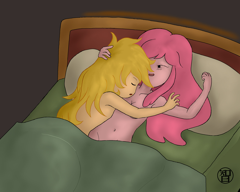 1boy 1girls 2013 adventure_time bedroom belly belly_button blanket blush_lines candlelight caress cartoon_network casual_nudity closed_eyes coldfusion cuddling dark_room duo finn_the_human happy long_hair male messy_hair nude nude_female nude_male pillow princess_bubblegum signature sleeping wholesome