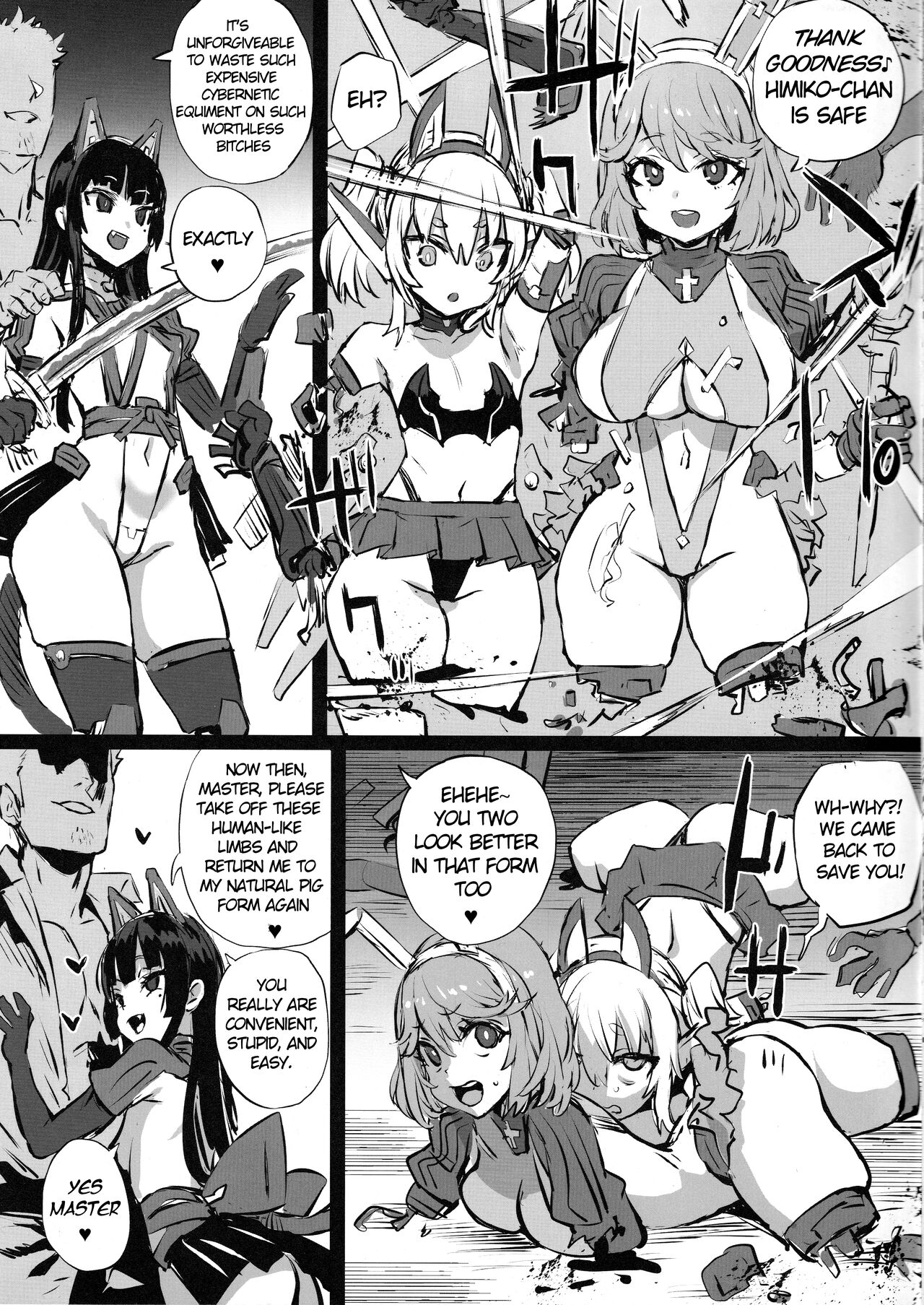 1boy, 3girls, amputee, asanagi, betrayal, bunny ears, cat ears, cat girl, cat tail, catgirl, comic, cybernetics, cyborg, defeated, defeated heroine, english text, female, femsub, instant loss, male, maledom, misogyny, monochrome, robot girl, robot humanoid, robotic arm, tagme, translated