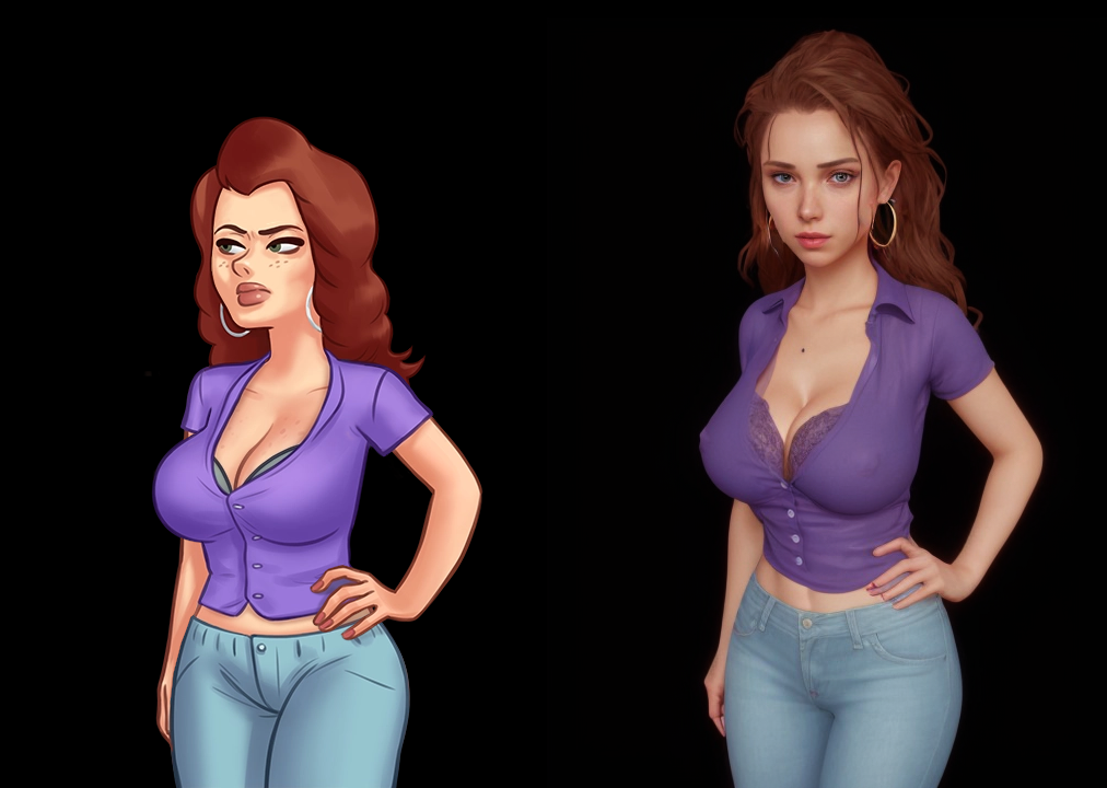 ai generated, becca (summertime saga), bra, breasts, cleavage, denim jeans, female, freckles, large breasts, realistic, red hair, summertime saga, teenager