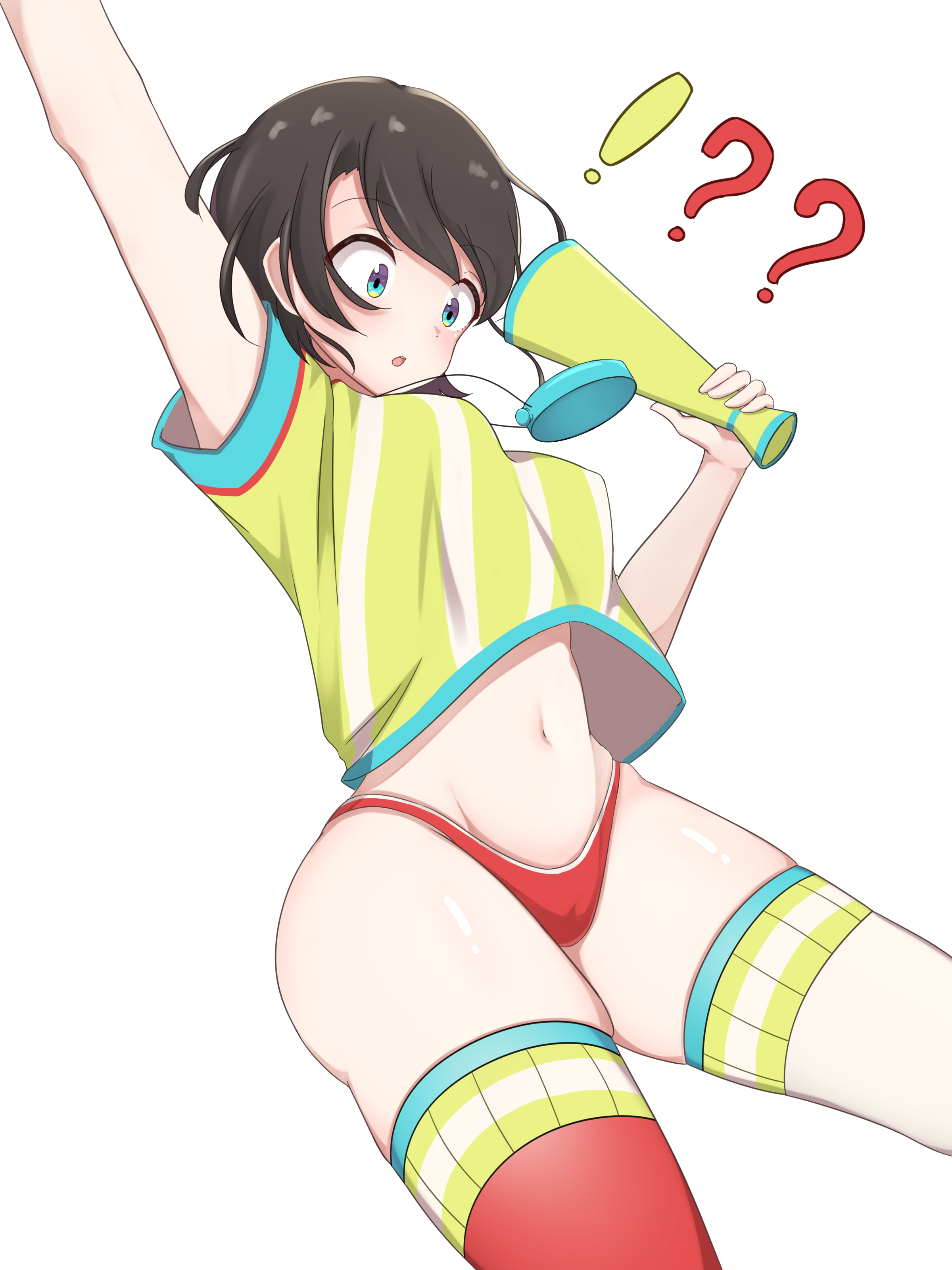 !?, 1girls, aqua eyes, arms up, belly, belly bulge, belly button, black hair, breasts, female, female only, hashira 14, highleg panties, hololive, hololive gen 2, hololive japan, legwear, looking down, medium breasts, nipple bulge, oozora subaru, panties, shirt, shirt up, short hair, simple background, simple shading, stopwatch, striped shirt, surprised, surprised expression, thighhighs, thighs, thong, underwear, virtual youtuber, white background