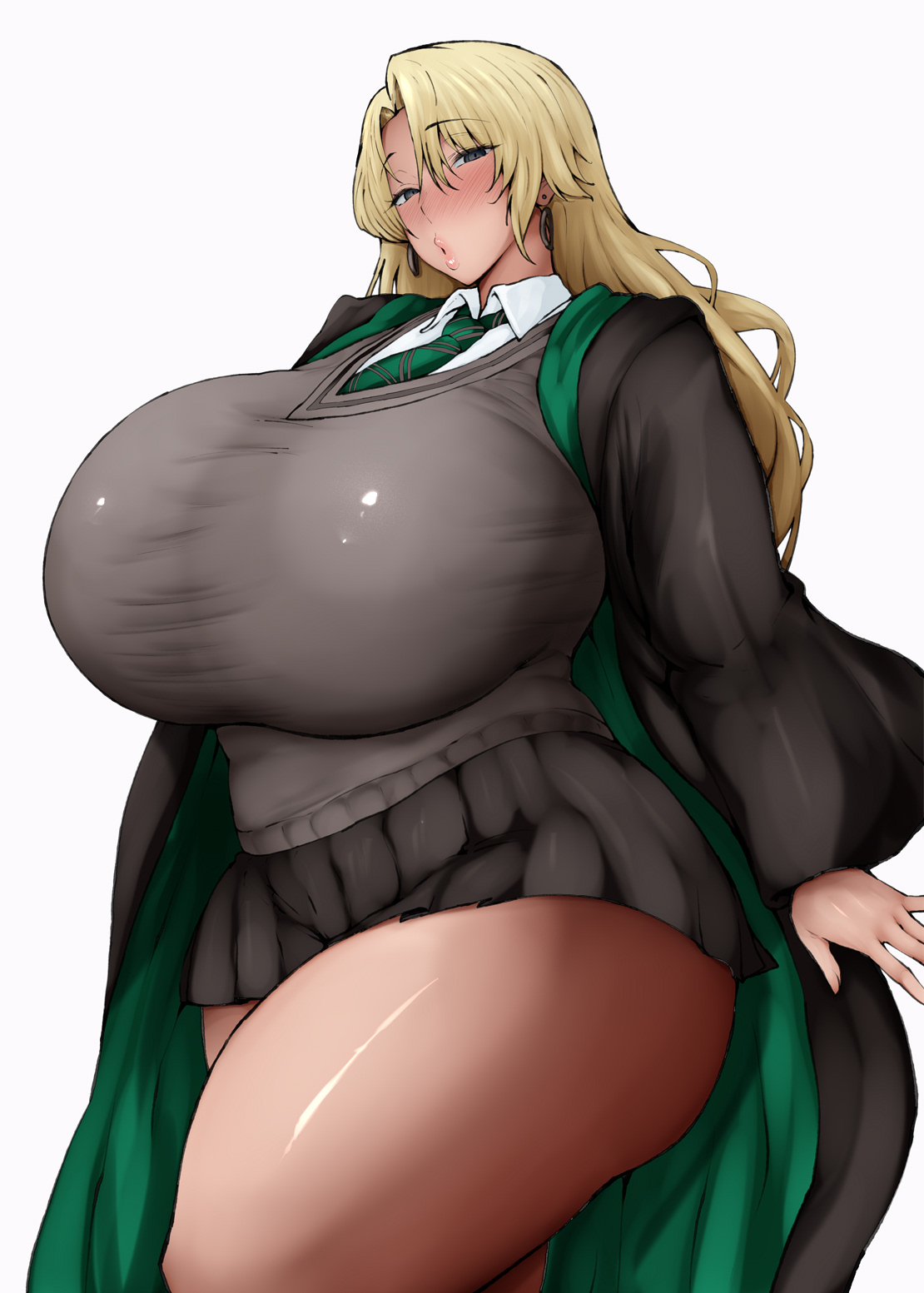1girls, blush, breasts, draco malfoy, draco malfoy (redteneri), female, harry potter, huge breasts, kurotama, light skin, light-skinned female, long hair, navel, nipples, plump, puffy nipples, rule 63, sagging breasts, school uniform, shiny skin, shoes, skirt, thick thighs, tied, venus body, wide hips