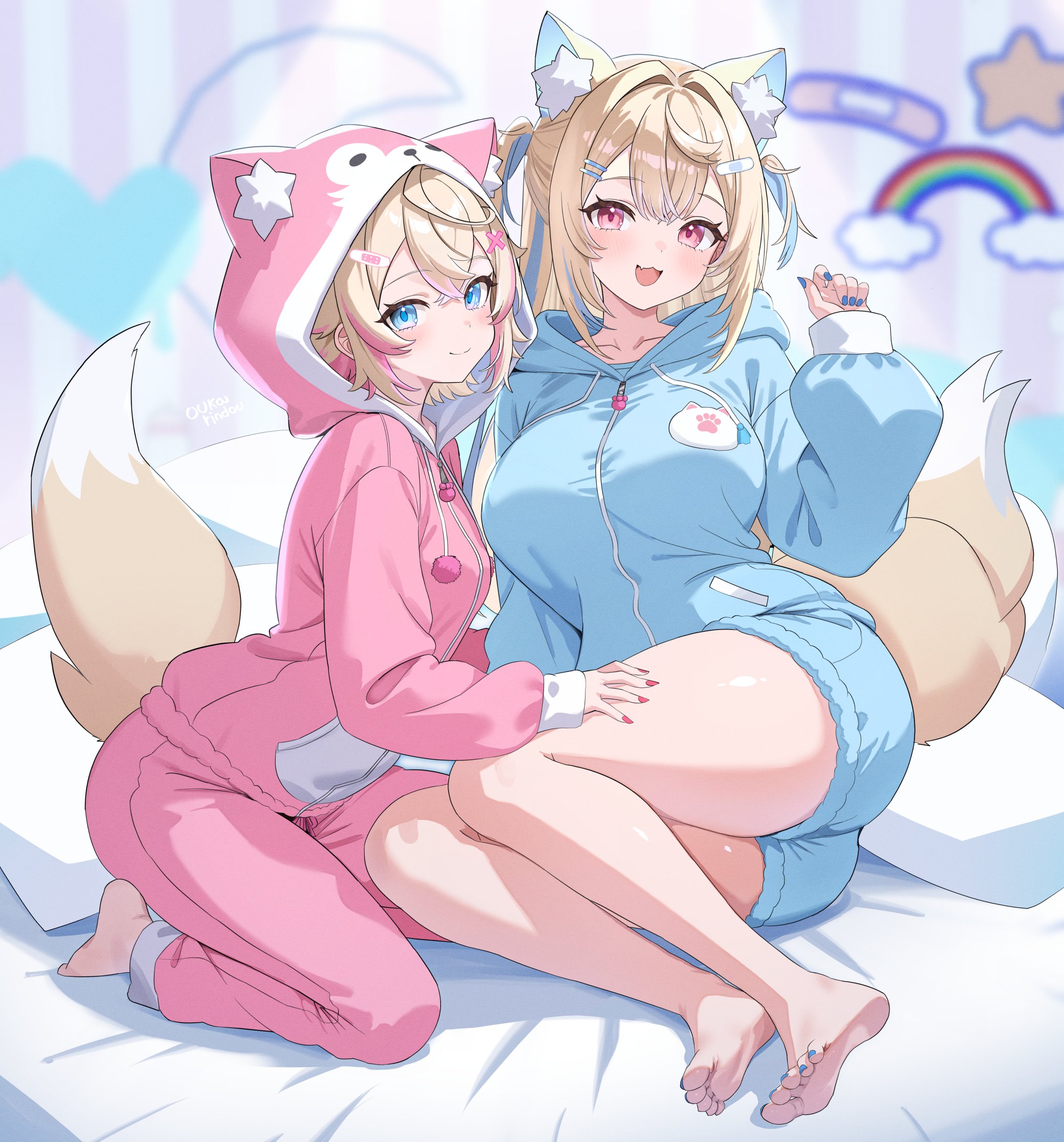 2girls, ahoge, animal hoodie, ass, background, bare legs, barefeet, barefoot, bedsheets, big ass, big breasts, big thighs, blonde hair, blue eyes, blue hair, blue highlights, blue pajamas, blush, blushing, blushing at viewer, breasts, canid demon, canid humanoid, canine humanoid, clavicle, clothed, clothed female, curtains, cute, demon, demon girl, dog ears, dog girl, dog tail, drawstring hoodie, eyebrows, eyelashes, feet, female, female focus, fingernails, fluffy tail, foot, fuwamoco, fuwawa abyssgard, hair accessory, hair between eyes, hair intakes, hair tied, hair vents, hairclip, hand on thigh, hololive, hololive english, hololive english -advent-, hood down, hood up, hoodie, inner ear fluff, large breasts, legs together, light skin, light-skinned female, long hair, long sleeves, looking at viewer, lying on side, mococo abyssgard, monster, monster girl, mouth closed, mouth open, multicolored hair, o-rindou5100, on bed, painted nails, painted toenails, pajama pants, pajama shirt, pajama shorts, pajamas, pillows, pink eyes, pink hair, pink highlights, pink pajamas, shiny skin, short hair, shorts, single fang, sisters, sisters (lore), sitting on bed, sitting on side, sleepwear, small breasts, soles, tail hole, thick thighs, thighs, toenails, twin sisters, twins, twins (lore), twintails, virtual youtuber, wariza, wariza sitting, white tipped tail, zipper, zipper hoodie, zipper pull tab