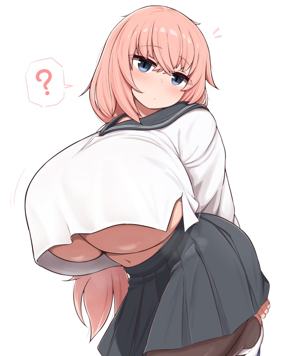 1girls, big areola, big ass, blush, breasts bigger than head, exposed ass, exposed breasts, exposed nipples, female focus, female only, huge breasts, michinoku komaro, penasi 1, ponytail, school uniform, seitokai nimo anawa aru!, shiny skin, short skirt, skimpy, skimpy clothes, solo, solo female, solo focus, standing, sweatdrop, thick thighs, top heavy, white background, wide hips