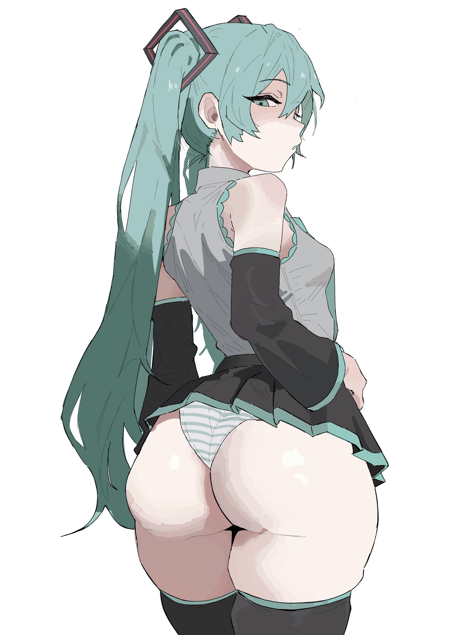 1girls, artist request, ass, breasts, female, female focus, female only, hatsune miku, large ass, light skin, light-skinned female, looking at viewer, looking back, skirt, solo, thick thighs, thighs, vocaloid, wide hips