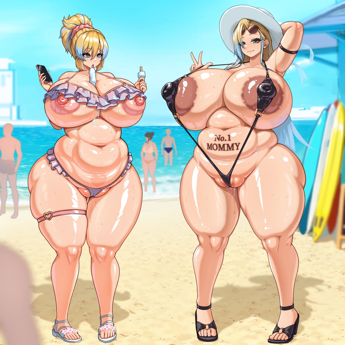 2girls, areola slip, arm behind head, arm up, armband, armpits, beach, belly, between breasts, bikini, black sandals, black slingshot swimsuit, blonde hair, blue eyes, blue hair, breasts, breasts out, cameltoe, cellphone, cleavage, covered erect nipples, dark areolae, eyes visible through hair, food, frilled bikini, frills, gigantic breasts, gluteal fold, green eyes, groin, hair between eyes, hair over one eye, hat, high heel sandals, high heels, high ponytail, holding, holding phone, huge areolae, huge breasts, huge nipples, licking popsicle, mature female, micro bikini, mother and child, mother and daughter, multicolored hair, multiple girls, navel, nipple slip, nipples, ocean, open mouth, original, outdoors, parent and child, phone, pink scrunchie, plump, ponytail, popsicle, purple bikini, sandals, scrunchie, shiny skin, sky, slingshot swimsuit, slingshot swimsuit pull, smartphone, smile, standing, stomach tattoo, sunglasses, sunglasses on head, surfboard, swimsuit, tattoo, thick thighs, thigh gap, thigh strap, thighs, tongue, tongue out, two-tone hair, undersized clothes, v, w, wedgie, wet tea, white hat, white sandals, wide hips