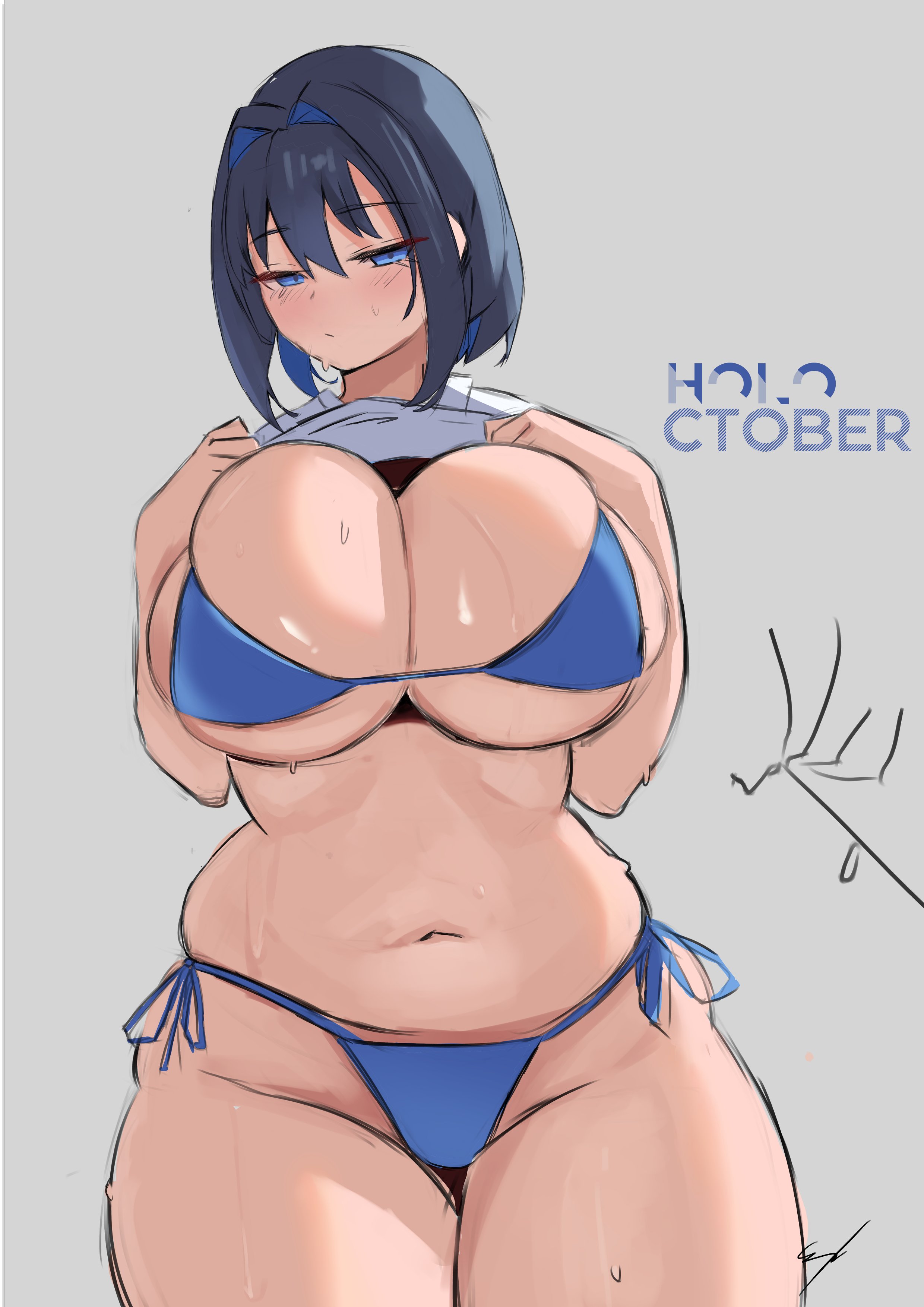 1girls, arms squishing breasts, arms up, belly squish, big breasts, big thighs, bikini, bikini under clothes, blue hair, blush, blushing, boob spillage, breast spillage, breast squish, breasts, breasts bigger than head, busty, busty female, child bearing hips, chubby, cleavage, clothed, clothed female, crotch, deep cleavage, erroz, eyebrows, eyebrows visible through hair, eyelashes, female, female focus, hair between eyes, hair intakes, hair vents, hips, holoctober, hololive, hololive english, hololive english -council-, hololive english -promise-, huge breasts, inner hair, large breasts, large thighs, legs together, lifting shirt, light skin, light-skinned female, midriff, narrow waist, navel, ouro kronii, presenting breasts, pudgy belly, shirt, shirt lift, shirt lifted by self, short hair, showing breasts, side tie bikini, sideboob, simple background, small bikini, solid color background, solo, solo focus, standing, sweat, sweatdrop, sweatdrops, sweating, sweaty arms, sweaty breasts, sweaty face, sweaty legs, thick thighs, thigh gap, thighs, thighs bigger than head, thighs together, tight bikini, underboob, virtual youtuber, voluptuous, voluptuous female, wide hips
