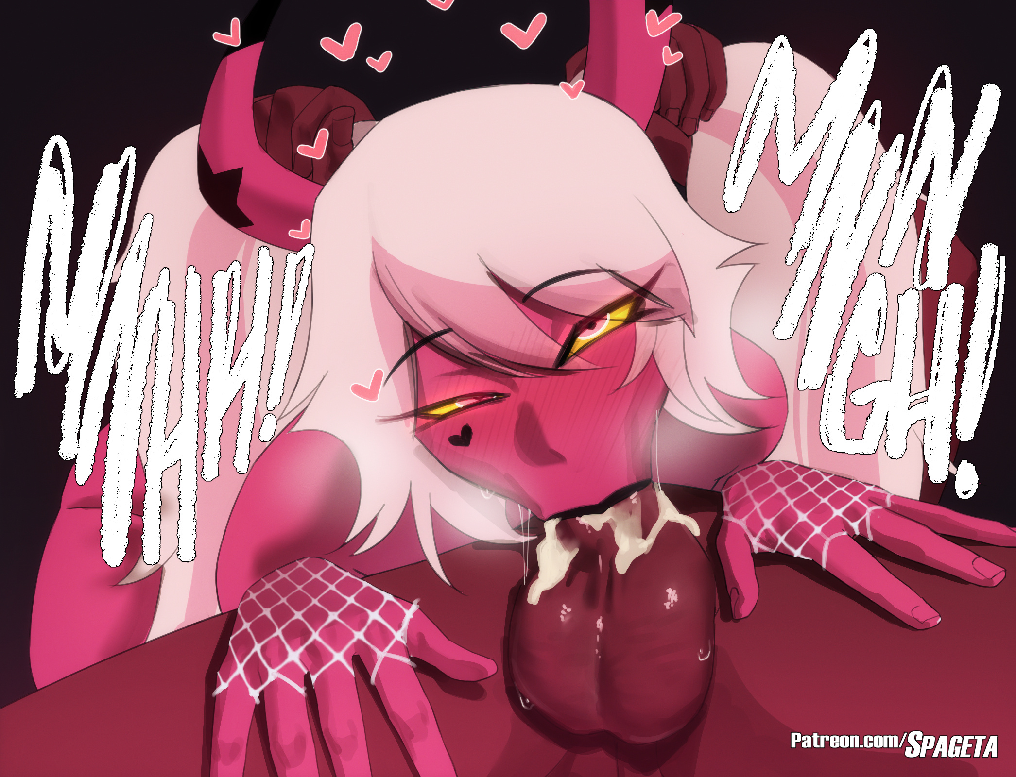 1boy, 1girls, armwear, bimbo, bottomwear, bra, demon, demon girl, demon horns, demon tail, elbow gloves, female, garter belt, garter straps, gloves, helluva boss, high resolution, highres, horns, legwear, lingerie, male, on side, panties, pink body, pink eyes, pink hair, pink skin, solo, solo female, spageta, tail, thigh, thighhighs, topwear, verosika mayday (helluva boss), white bra, white garter belt, white gloves, white panties, white thighhighs, yellow sclera