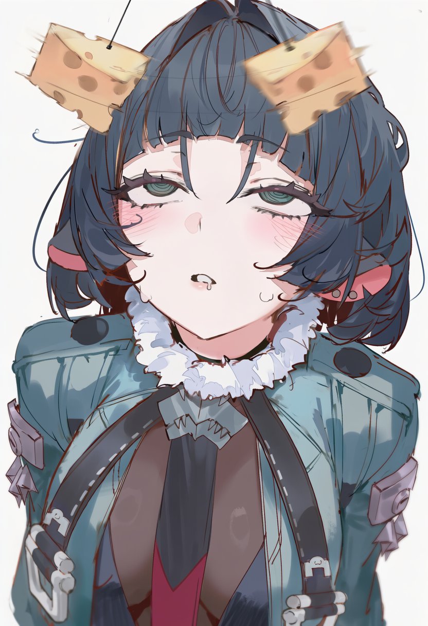 1girls, 2026, animal ears, black hair, blue eyes, blush, breasts, cheese, clothed, clothing, color, colored, dazed, drool, drooling, expressionless, eyeroll, female only, green eyes, hi res, hoyoverse, hypnosis, jane doe (zenless zone zero), light skin, light-skinned female, looking up, mihoyo, mind control, pendulum, rat ears, rat girl, rolling eyes, sfw, short hair, shuraillusts, simple background, solo, sweat, sweatdrop, tail, white background, zenless zone zero