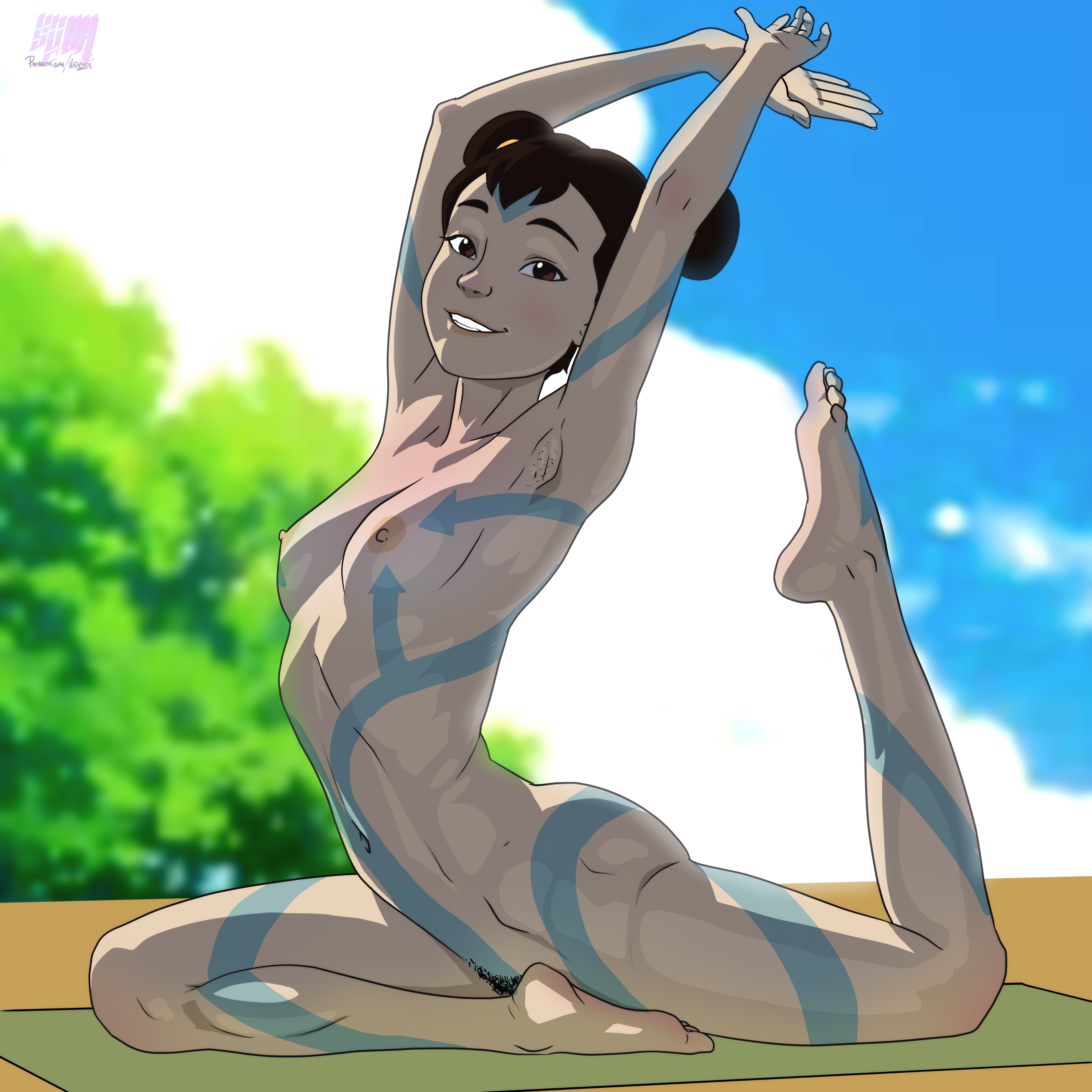 1girls, aged up, airbender tattoo, arched back, armpit stubble, armpits, arms up, athletic, athletic female, avatar legends, barefoot, breasts, brown hair, casual, casual nudity, curvy hips, curvy teen, female, female focus, female only, female pubic hair, gymnastics, hair buns, ikki, light skin, light-skinned female, looking at viewer, navel, nipples, nude, nude female, outdoor nudity, outdoors, pale skin, pale-skinned female, perky breasts, pubic hair, pubic hair peek, slender waist, small breasts, smile, spread legs, stretching, teenage female, teenage girl, teenager, the legend of korra, thick hips, thighs, undrsydr, young female