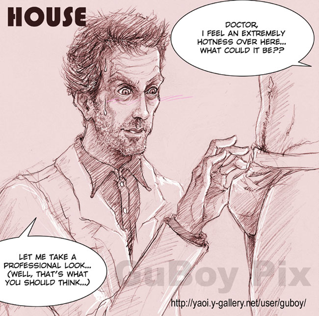 bulge clothed detailed english_text gregory_house house human james_wilson male male_only no_visible_genitalia tagme