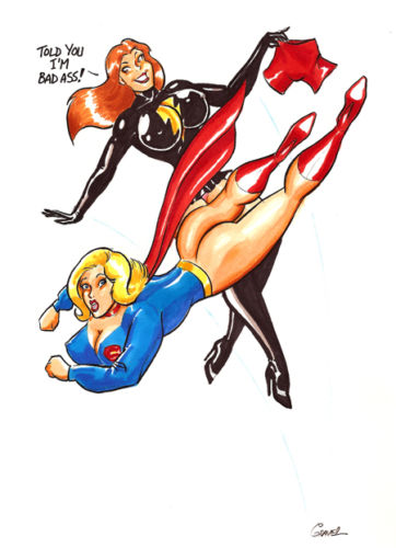 2girls ass black_mary cleavage dark_mary_marvel_(character) dat_ass dc joe_gravel lightning_bolt_symbol mary_marvel multiple_girls supergirl