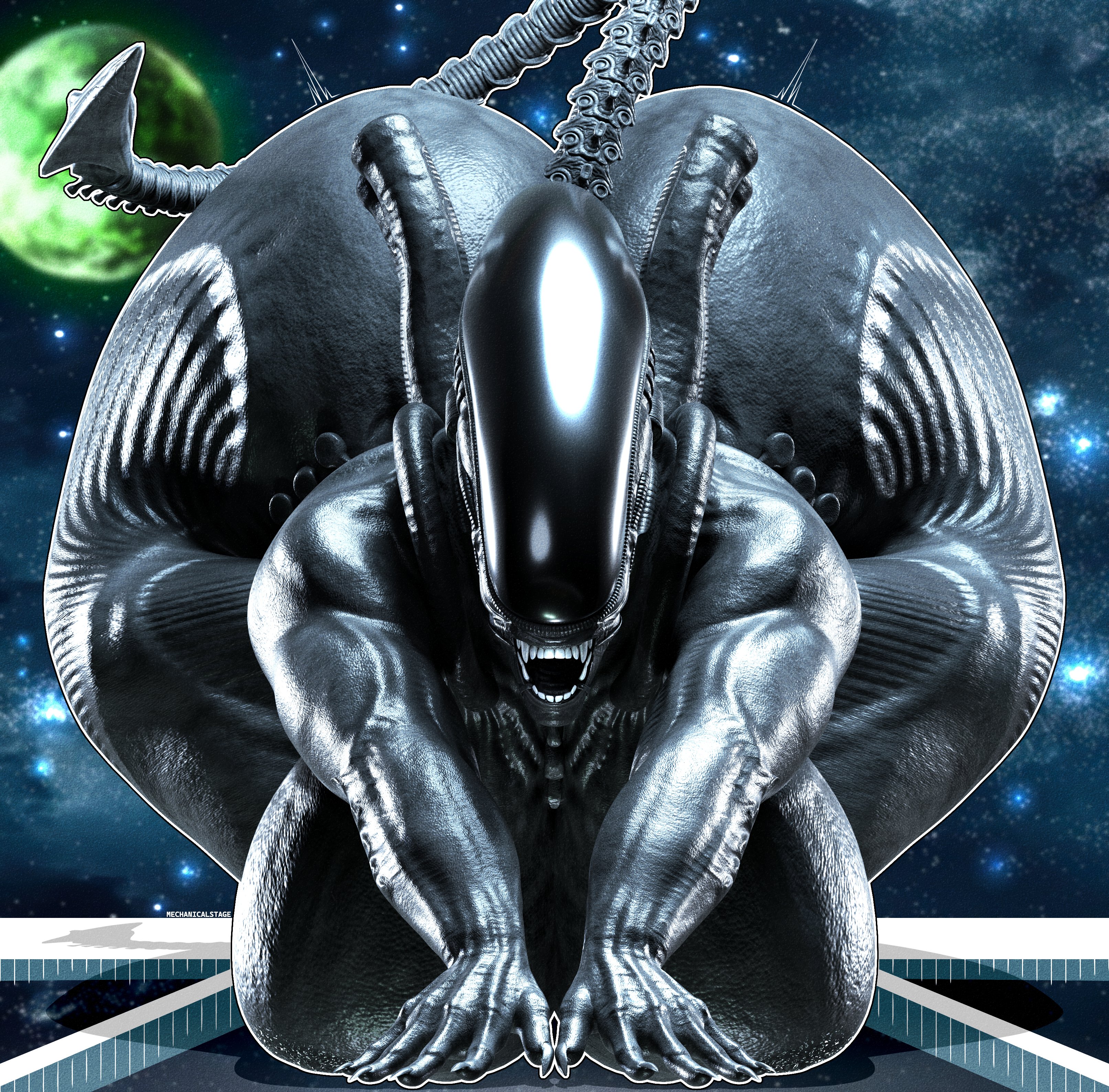1girl, 1girls, 3d, 3d (artwork), alien, alien (franchise), alien girl, alien humanoid, ass, ass up, ass up face down, ass up head down, big ass, big breasts, breasts, breedable hips, curvaceous, curvaceous figure, curvy, curvy body, curvy female, curvy figure, dark skin, dark-skinned female, face down, face down ass up, female, female focus, female only, female xenomorph, head down, head down ass up, hi res, high quality, high resolution, highres, hips, horror, horror (theme), humanoid, large ass, large breasts, lying, lying on ground, massive ass, massive boobs, massive breasts, massive butt, massive thighs, mechanicalstage, monster, monster girl, muscular female, nails, naked, naked female, no eyes, nude, nude female, on ground, open mouth, sharp nails, sharp teeth, solo, solo female, solo focus, space, star, stars, tail, teeth, thick thighs, thighs, voluptuous, voluptuous body, voluptuous female, wide hips, xenomorph, xenomorph tail