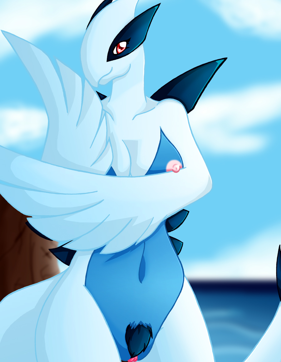 anthro blue_skin breasts c0sm0 closed_mouth color day female female_only front_view hair looking_at_viewer lugia nipples nude open_eyes outdoors pink_eyes pink_nipples pokemon pokemon_(species) pubic_hair sky smile solo standing tail water white_skin wings