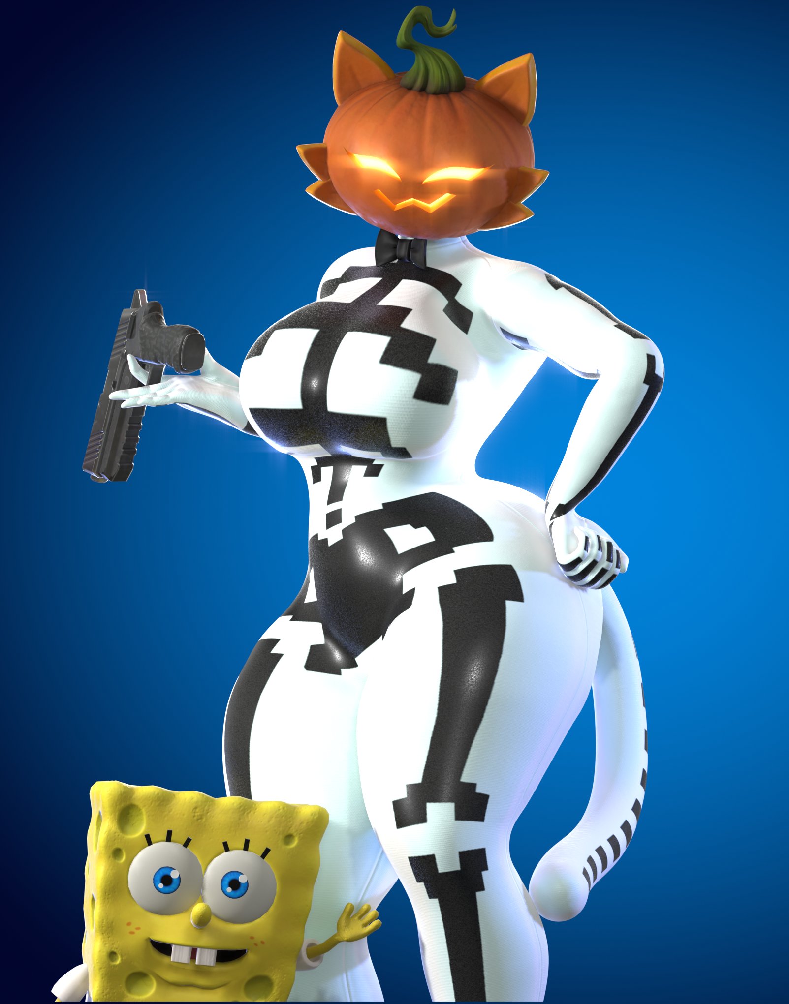 2026, 3d, 3d (artwork), 3d render, anthro, anthro female, big breasts, black highlights, cat, cat ears, female, fortnite, furry, furry female, orange head, pumpkin head, soundpunk501, sponge, spongebob squarepants, spongebob squarepants (character), square body, sugar (fortnite), thick thighs, white body, yellow eyes, yellow mouth
