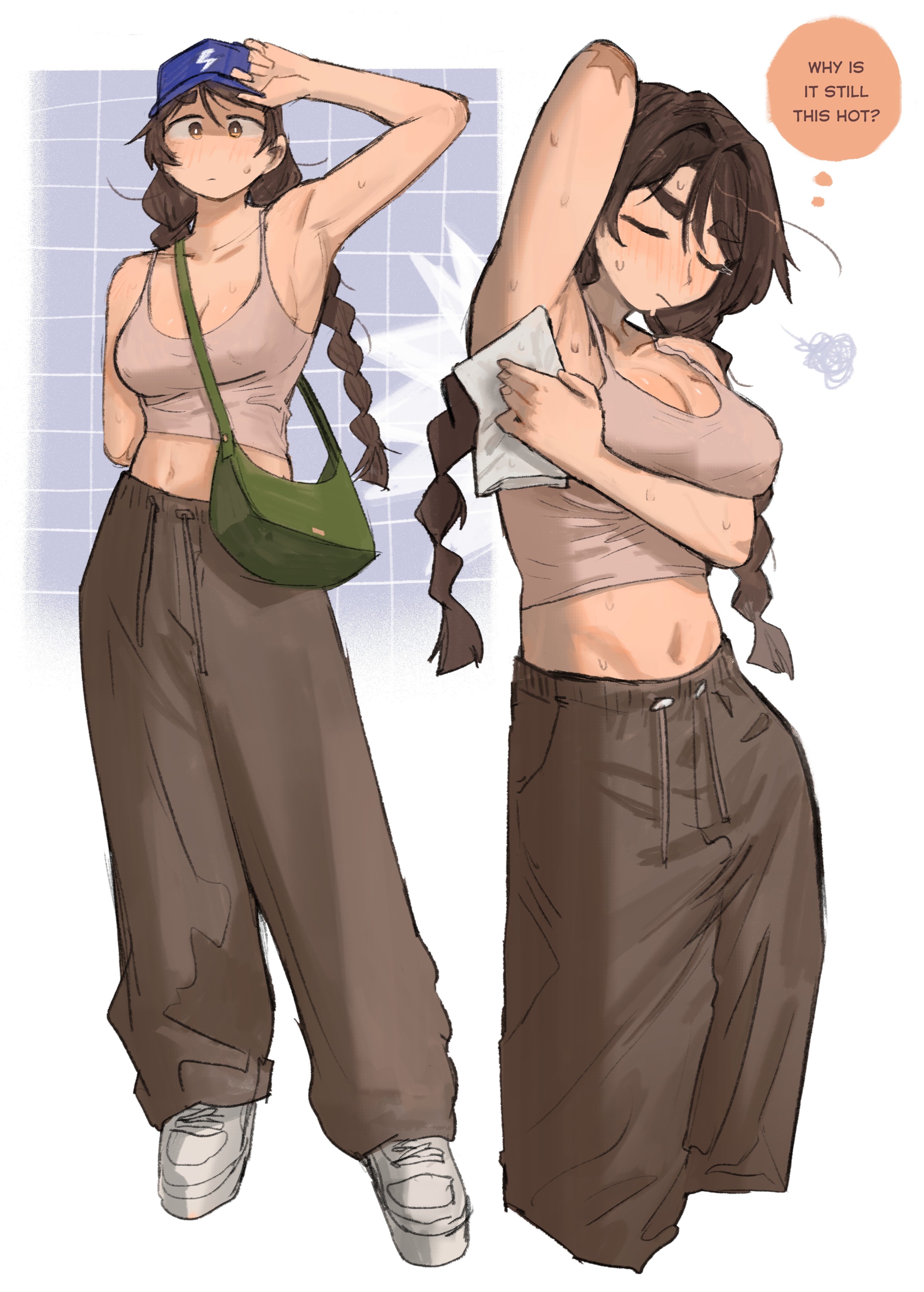 1girls, absurd res, absurd resolution, absurdres, akiko, amputee, armpits, arms up, big breasts, hi res, high resolution, highres, large breasts, sweat, sweatdrop, sweating, sweaty, tank top