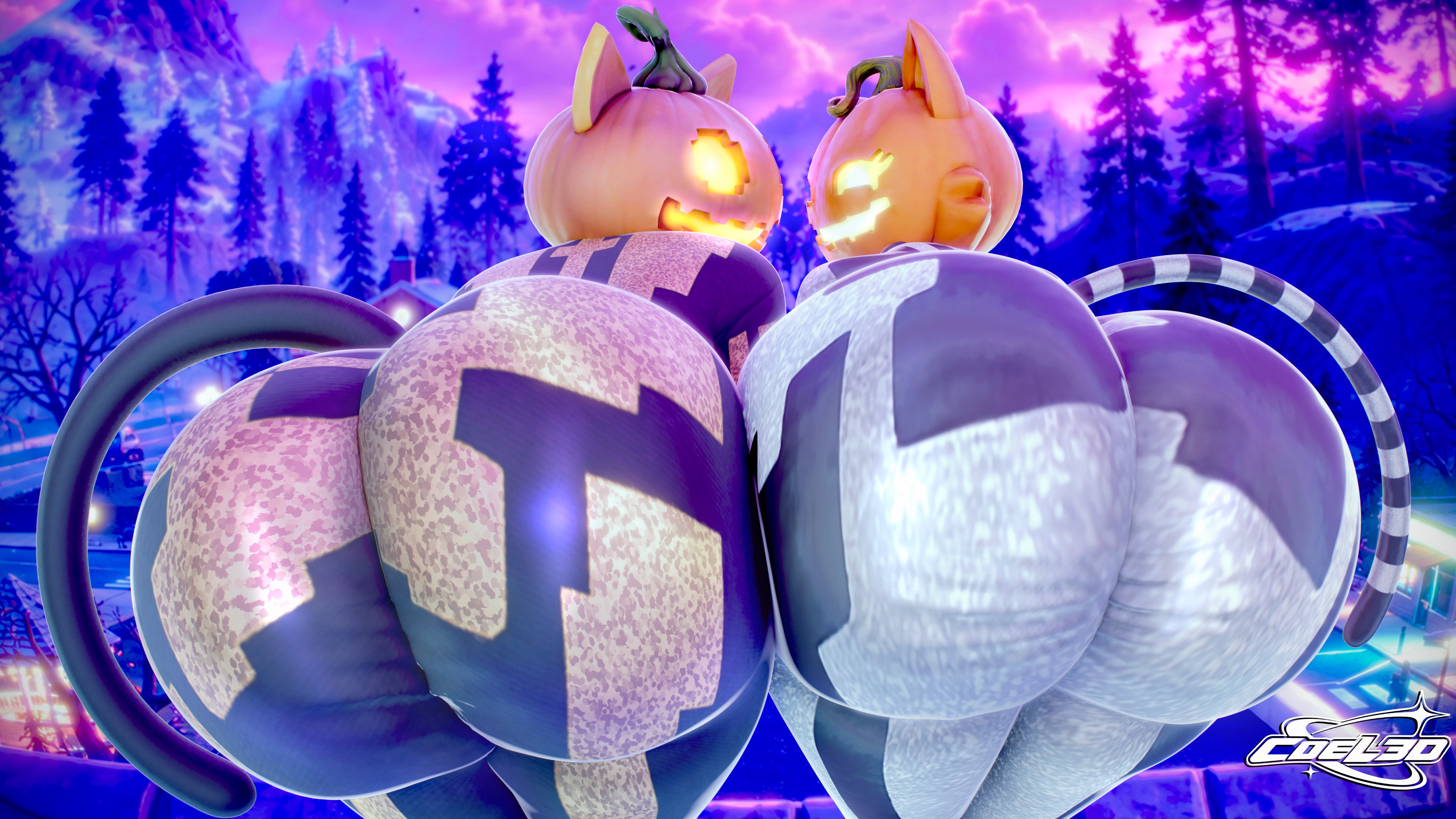 2girls, 3d, 3d (artwork), anthro, ass, ass focus, big ass, big breasts, big thighs, breasts, bubble ass, bubble butt, cat ears, cat girl, cat tail, catgirl, coel3d, dat ass, dumptruck ass, dumptruck butt, female, female focus, female only, fortnite, fortnitemares, gigantic ass, gigantic breasts, gigantic thighs, halloween, huge ass, huge breasts, huge thighs, hyper, hyper ass, hyper breasts, hyper thighs, looking at viewer, looking back, pumpkin, pumpkin head, spice (fortnite), sugar (fortnite), thick thighs, thighs, voluptuous, voluptuous female