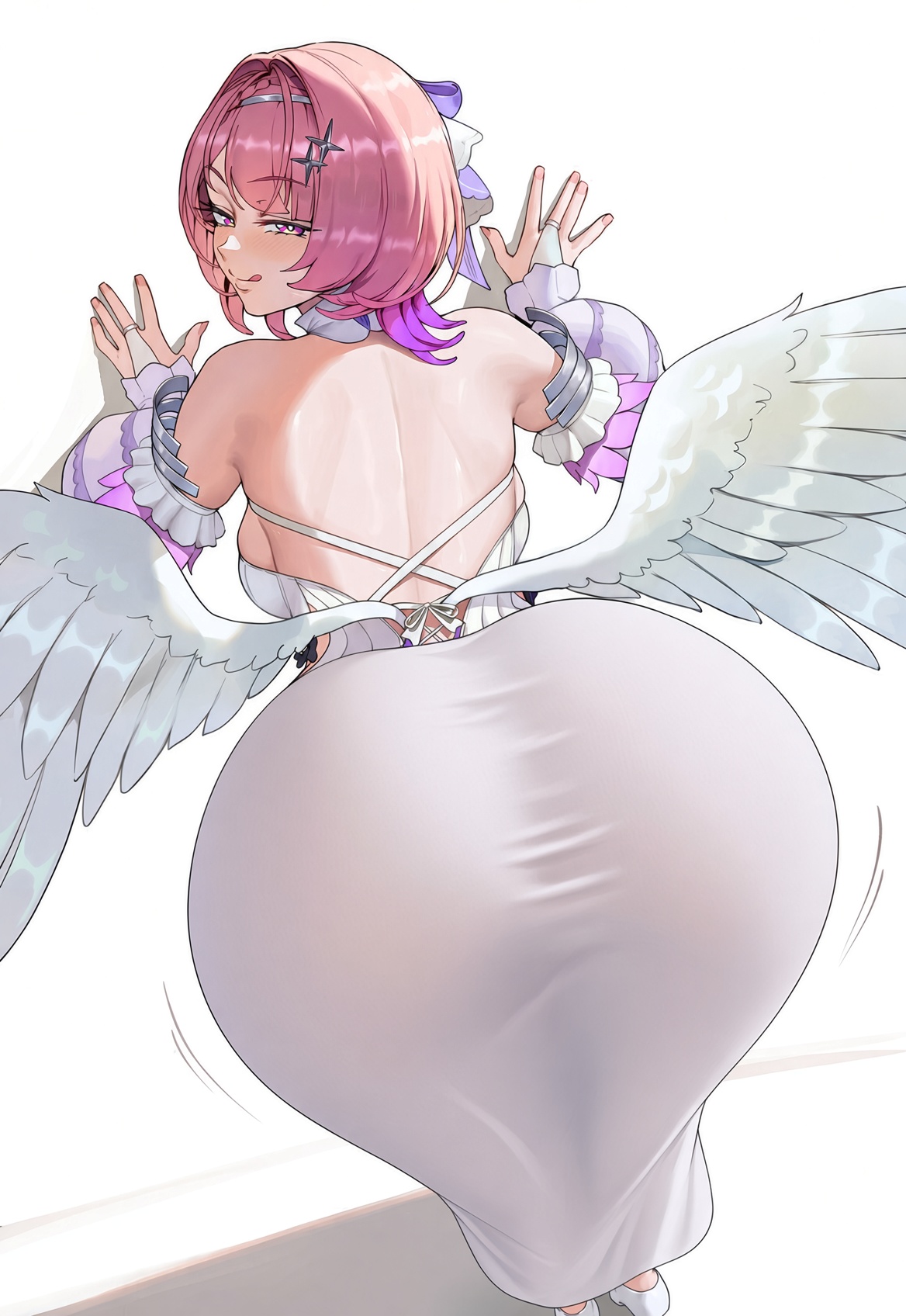 1girls, 2d, arched back, ass, bangs, bare back, bending forward, bending over, bent over, big ass, big breasts, breasts, brick wall, cameltoe, curvy, curvy female, dress, facing away, feathered wings, female, fine fabric emphasis, graffiti, hairband, hands on wall, hips, huge ass, huge breasts, large ass, large breasts, leaning forward, leaning on wall, legwear, looking at viewer, looking back, low wings, mature female, maxelartdesign, narrow waist, outdoors, pink eyes, pink hair, remielle (zenless zone zero), remielle dan, school uniform, short hair, silver hairband, skindentation, skirt, standing, straight-on, tagme, teasing, teasing viewer, thick thighs, thighhighs, thighs, tight dress, tubetop, turning head, uniform, video game character, wedgie, white background, wide hips, wings, zenless zone zero